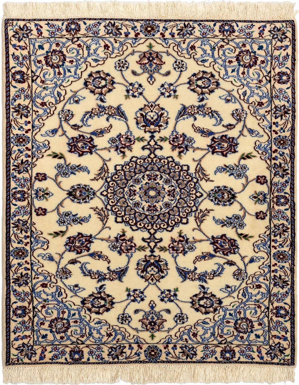A 2x3 rectangular ivory and cream rug with a traditional floral medallion pattern in shades of blue and brown.