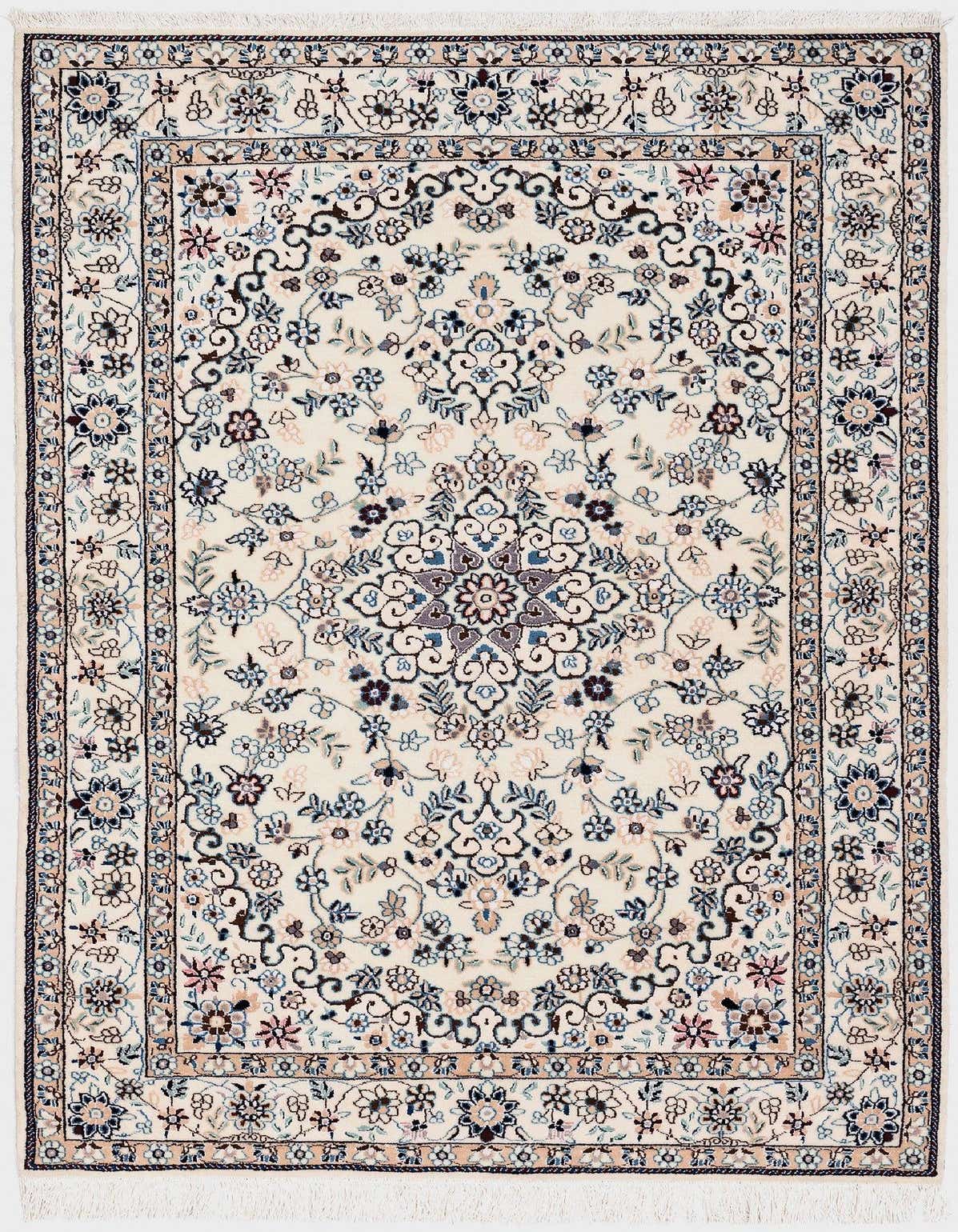 A rectangular 3x5 ivory and cream area rug with a detailed traditional floral pattern and a central medallion.