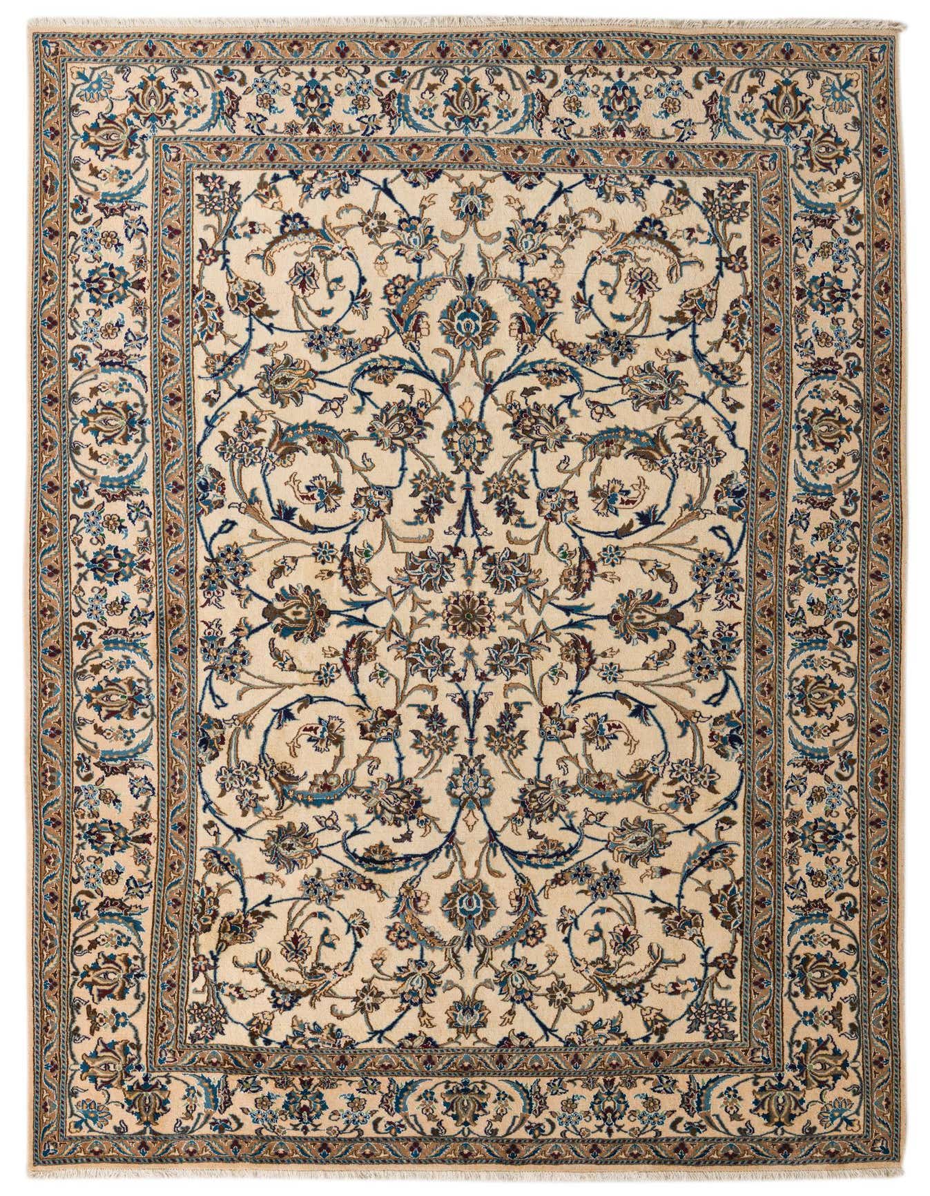 An 8x12 rectangular ivory Persian rug with intricate blue and brown floral patterns and a detailed border.
