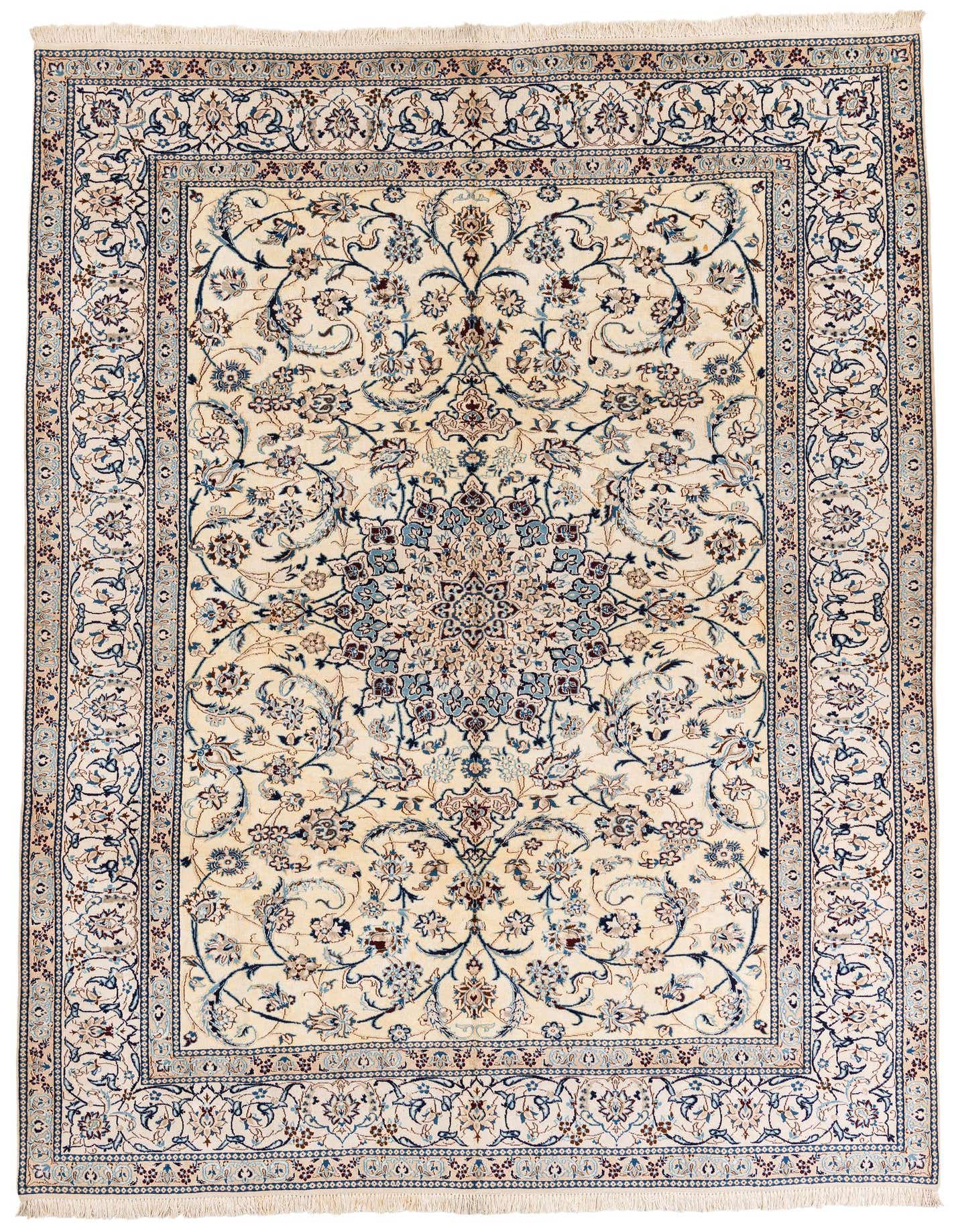An 8x11 rectangular ivory Persian rug with a traditional medallion pattern in blue and brown, ideal for a living room.