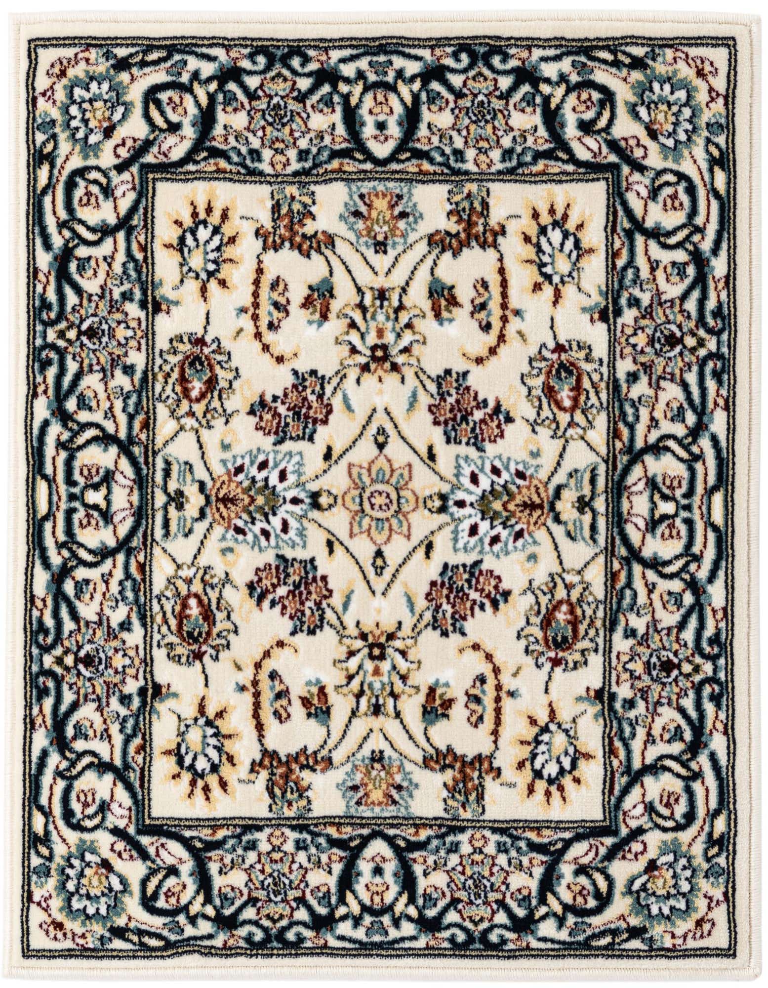 A 2x3 rectangular ivory rug with a traditional floral and oriental pattern, featuring dark blue, light blue, and brown accents.