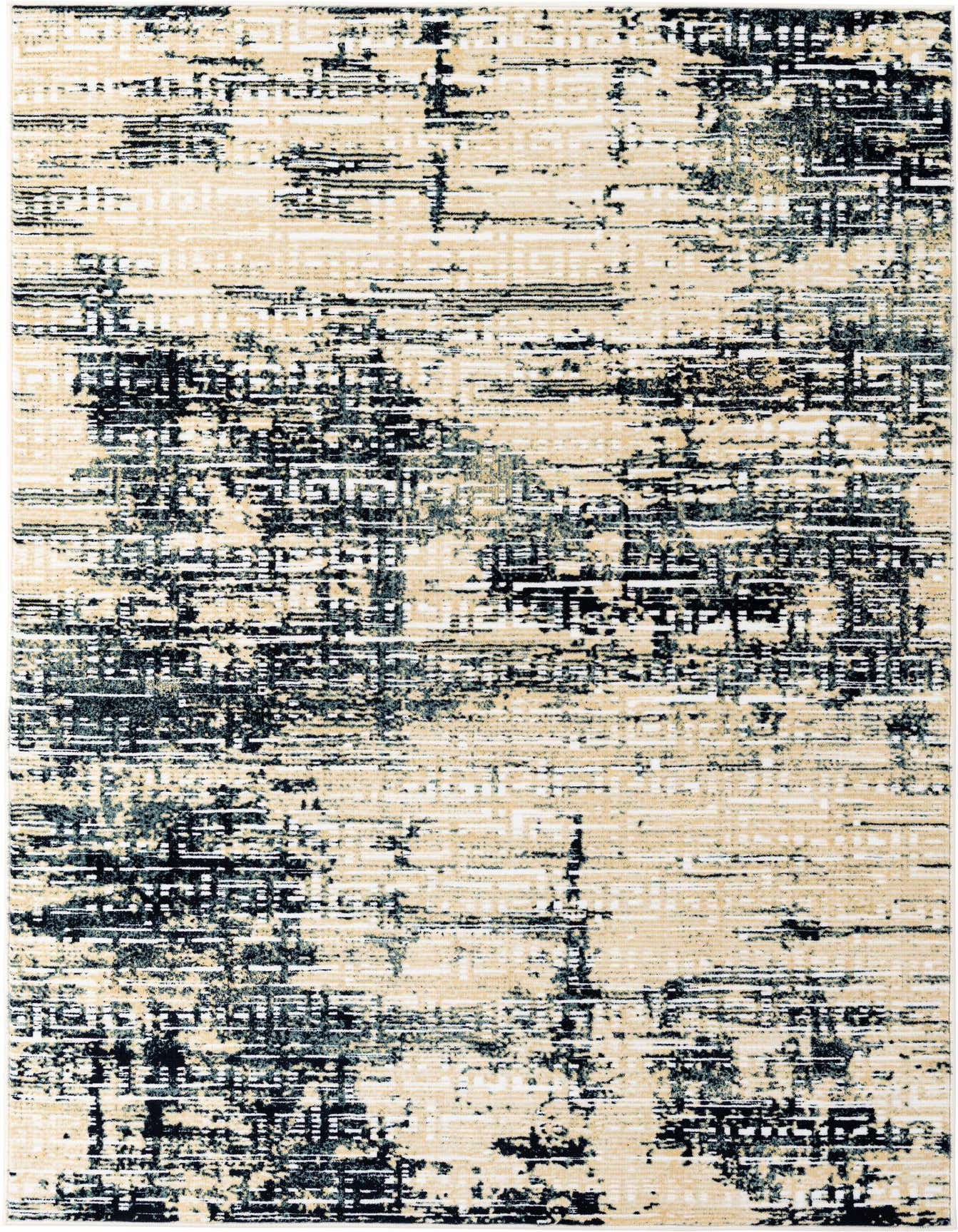 A 5x8 rectangular modern abstract rug in ivories/creams with distressed black and gray patterns, suitable for a living room.