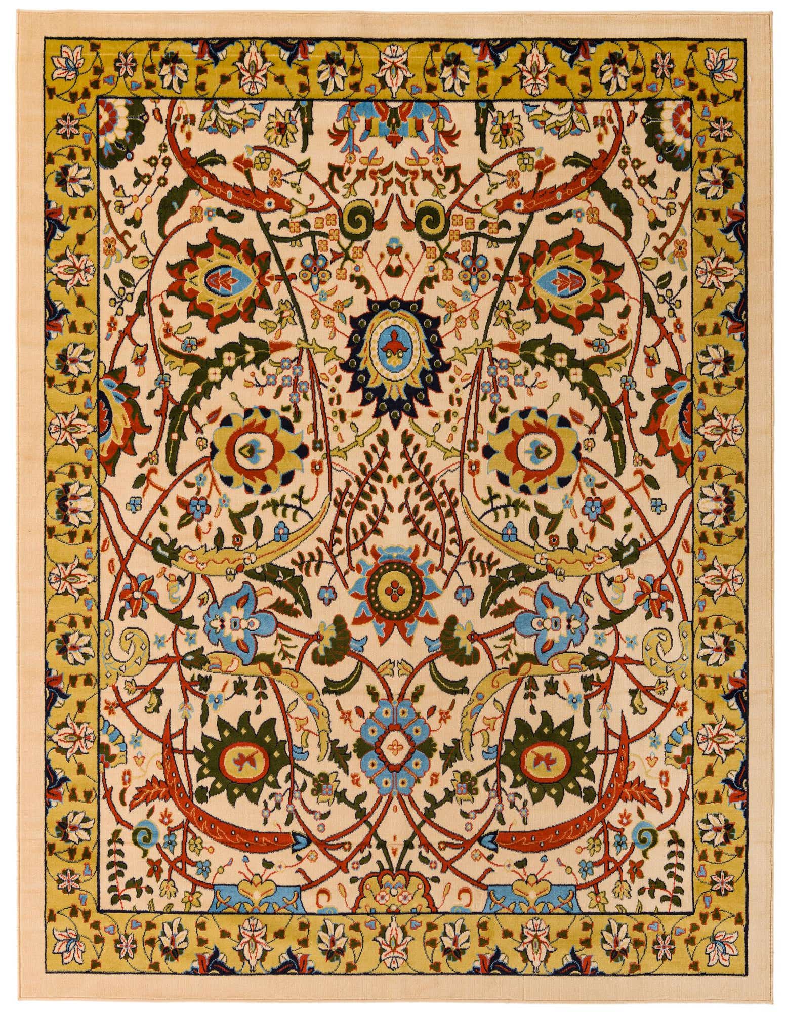 An 8x10 rectangular Neda rug featuring a traditional botanical pattern in ivories, creams, blues, reds, and greens.