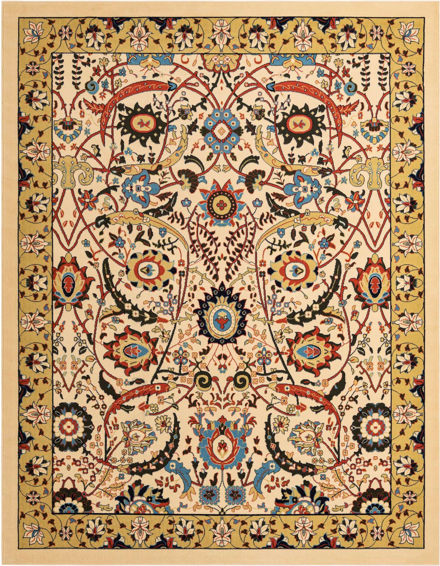 A 9x12 rectangular ivory rug with a traditional botanical pattern in red, blue, and black, featuring a gold border.