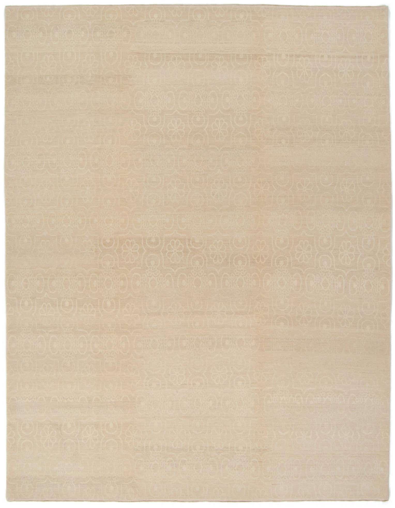 A 9x12 rectangular ivory wool rug with a subtle, handmade Persian pattern, perfect for a living room.