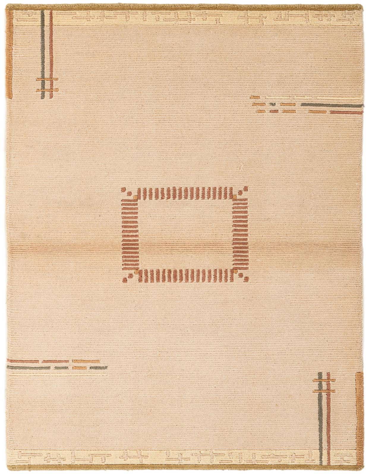 A 3x5 rectangular ivory wool rug with a modern abstract design featuring a central brown rectangle and linear accents.