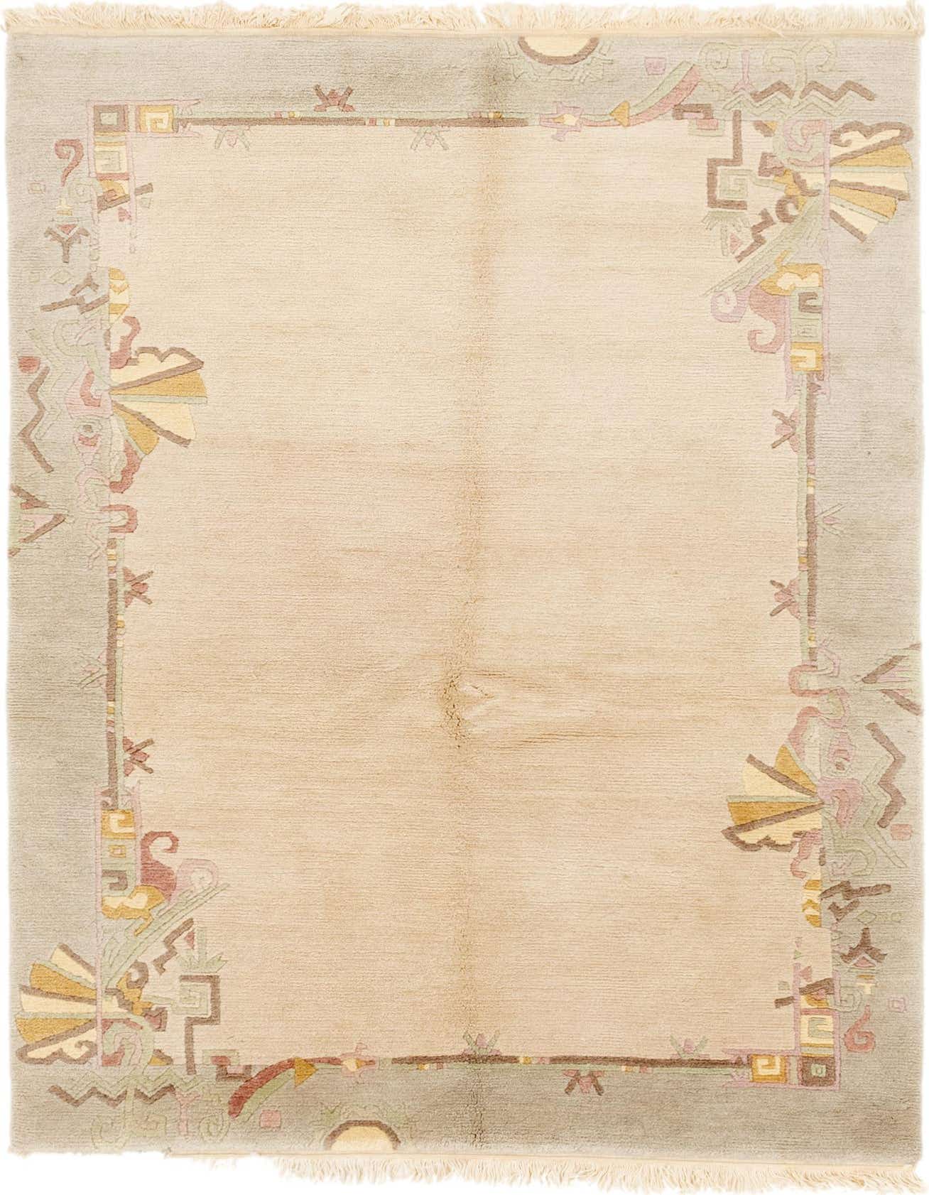 A 5x7 rectangular ivory wool rug with a light sage green border featuring traditional and modern oriental patterns in muted pink, yellow, and brown.