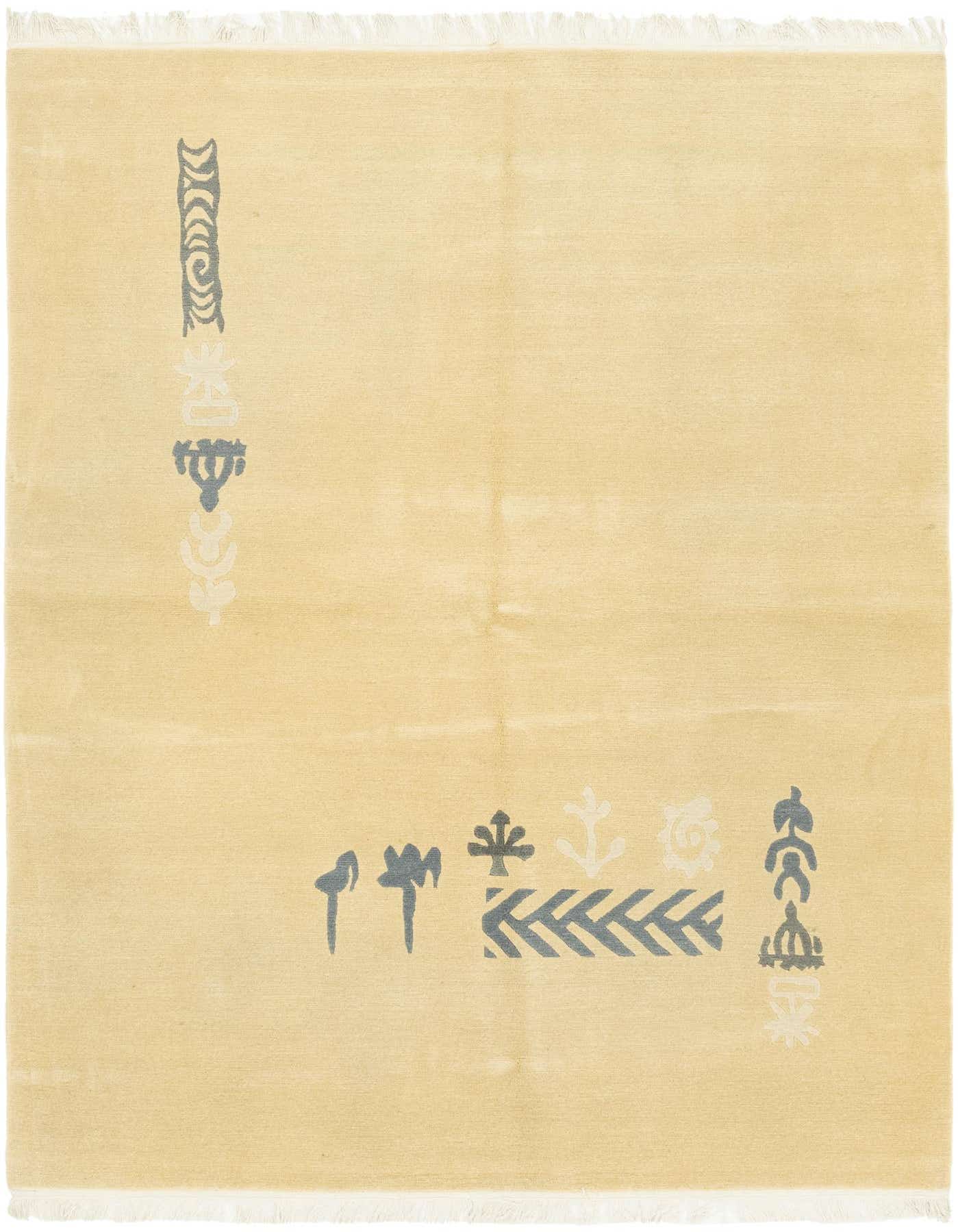 A 6x9 rectangular ivory wool rug with modern tribal abstract patterns in gray and cream, suitable for a living room.