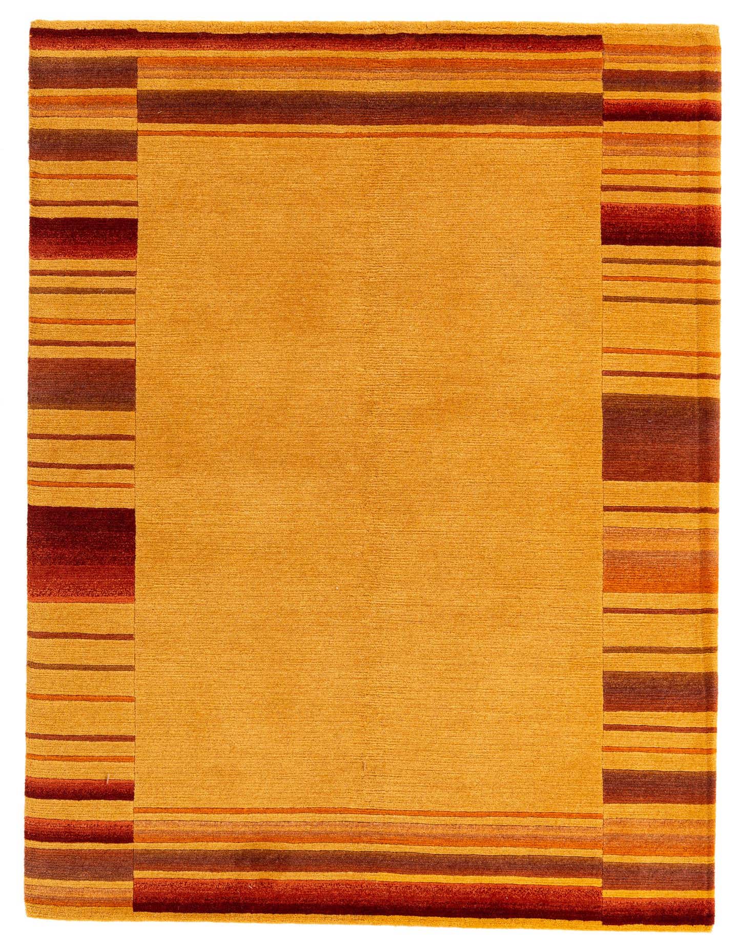 A 5x8 rectangular Nepal collection rug by Rugs.com with a solid ivory center and a multi-striped border in shades of orange, brown, and red.