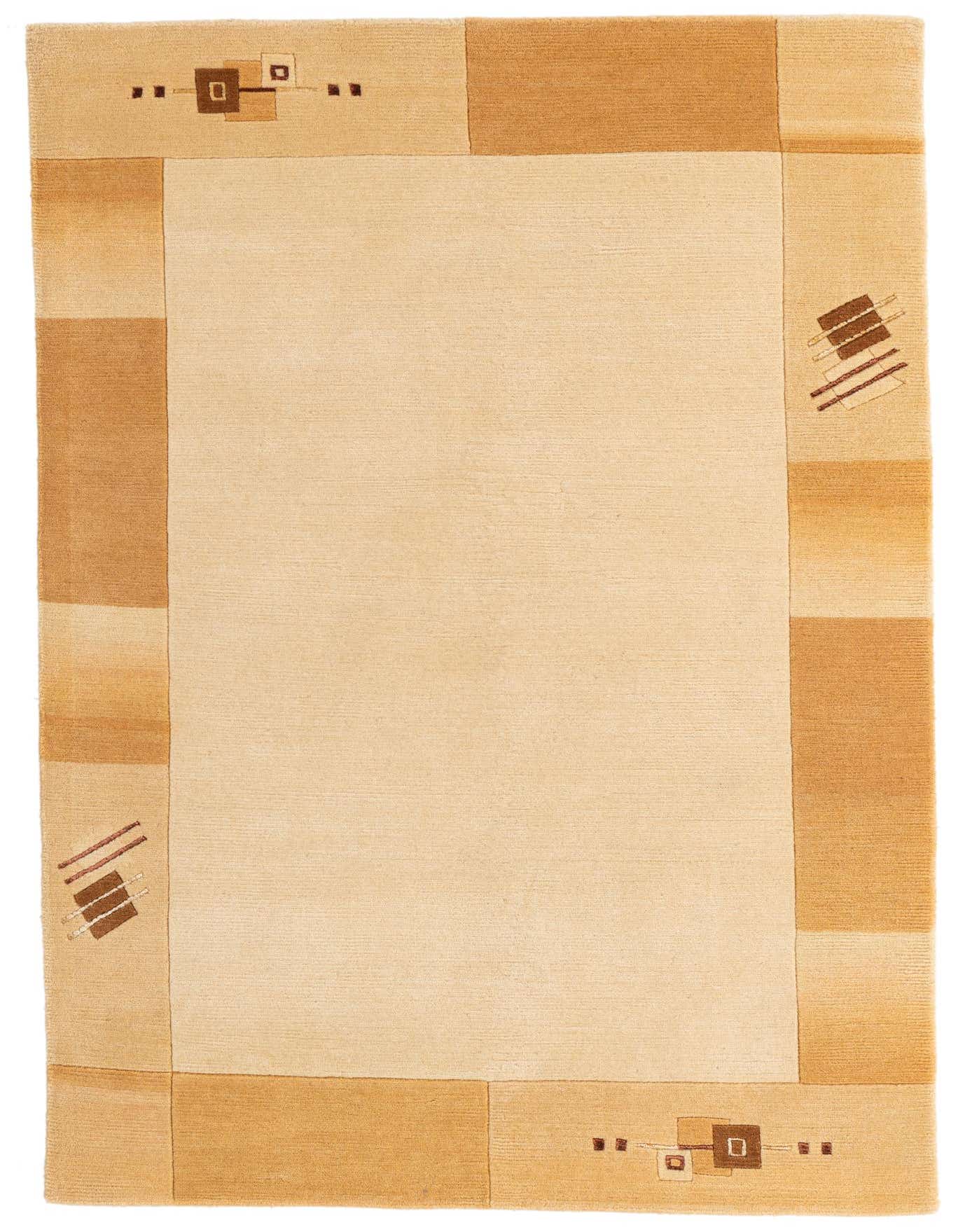 A 4x6 rectangular ivory and cream modern rug with a subtle abstract border, perfect for a living room.