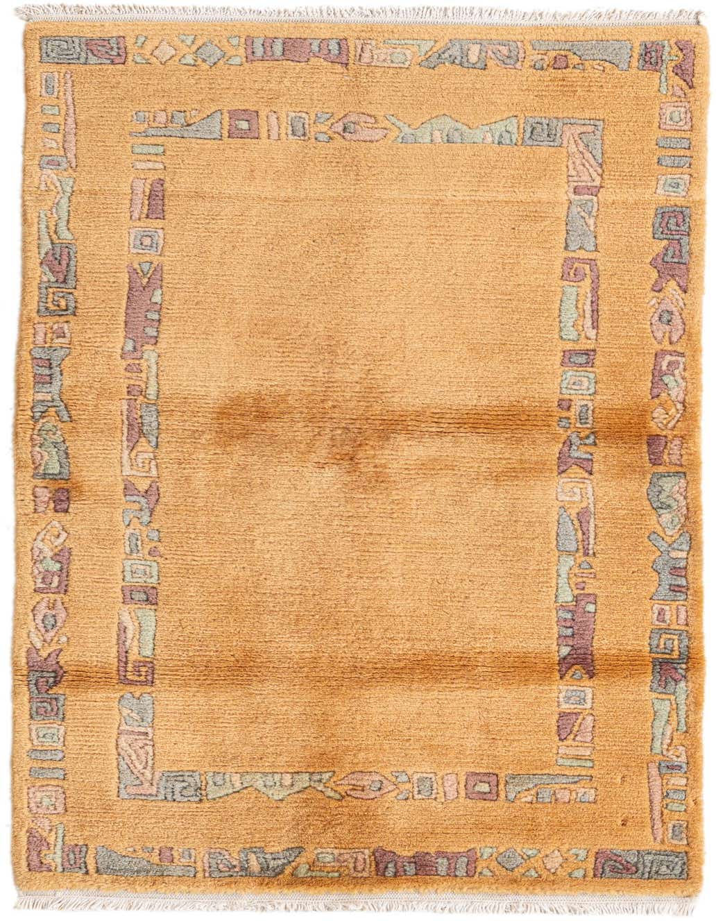 A 3x5 rectangular ivory wool rug with a high pile and a modern abstract border in muted pastel tones.