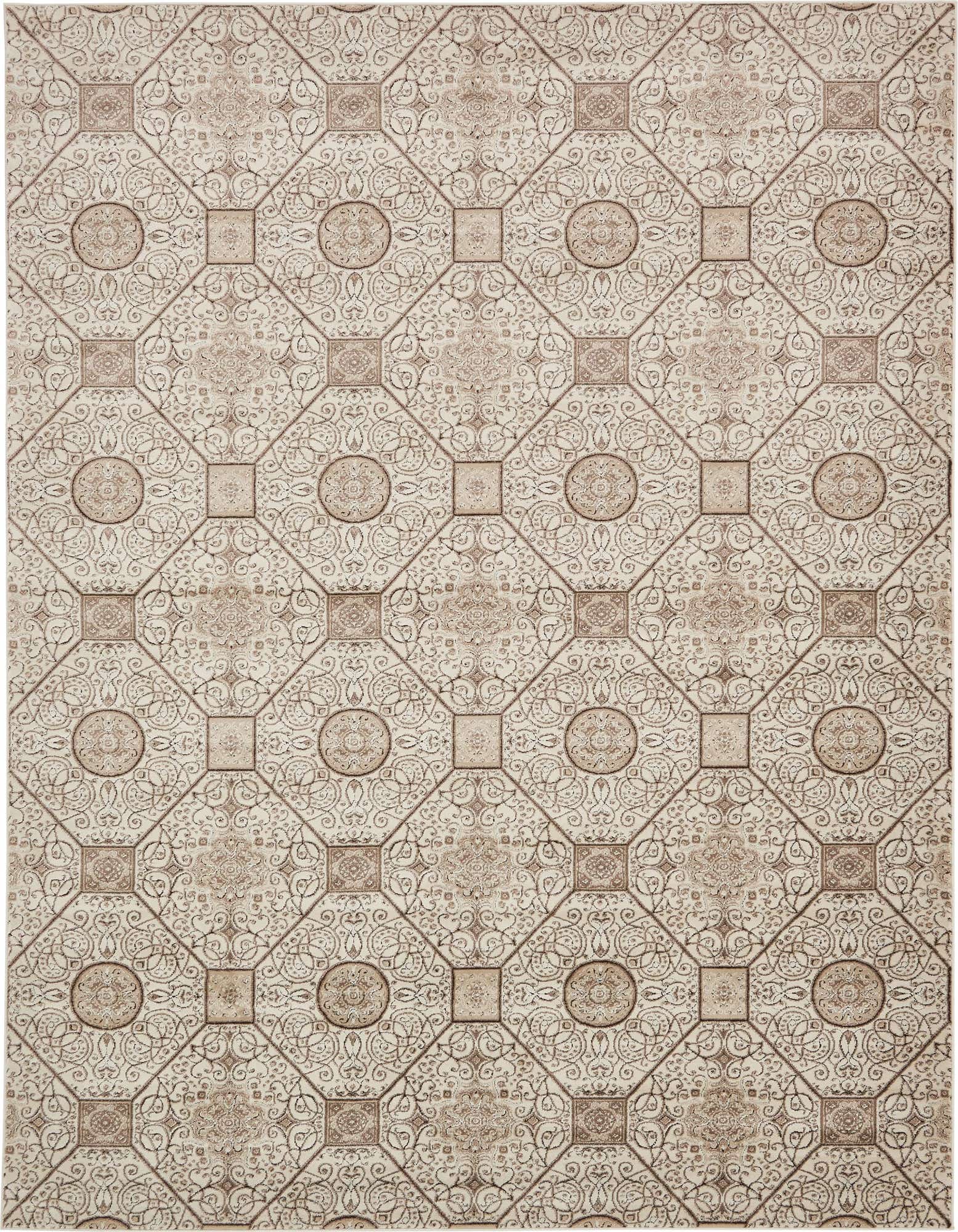 An 8x11 rectangular ivory and cream rug with a textured traditional botanical pattern, ideal for a living room.