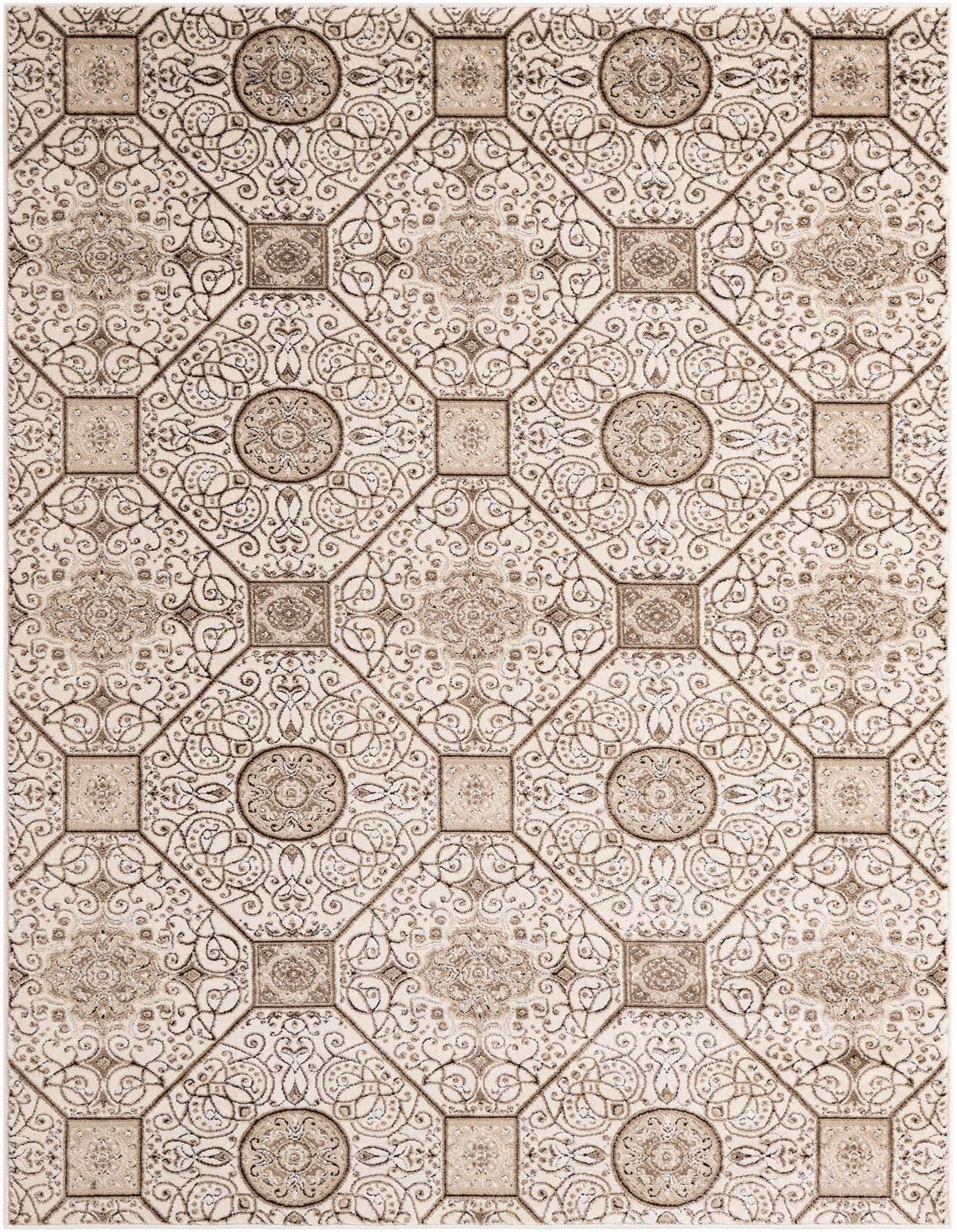 A 5x8 rectangular ivory area rug with a textured traditional botanical pattern, ideal for a living room.