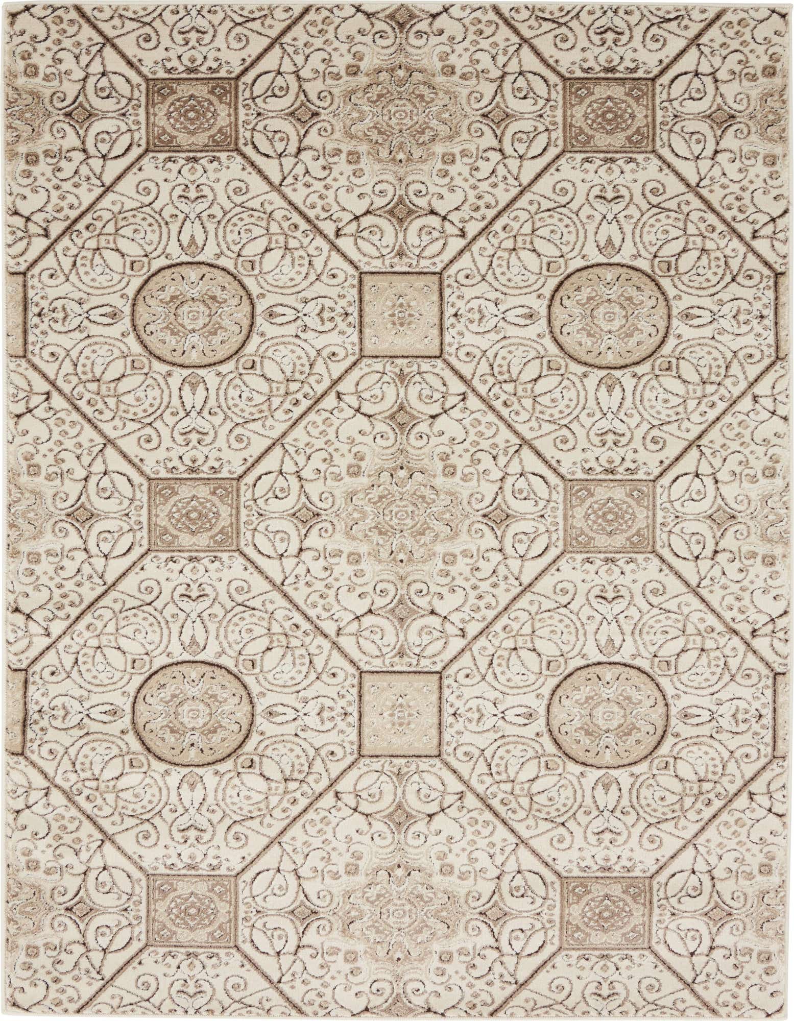 A 4x6 rectangular ivory and cream rug with a traditional, vintage-inspired botanical trellis pattern, featuring textured high pile.