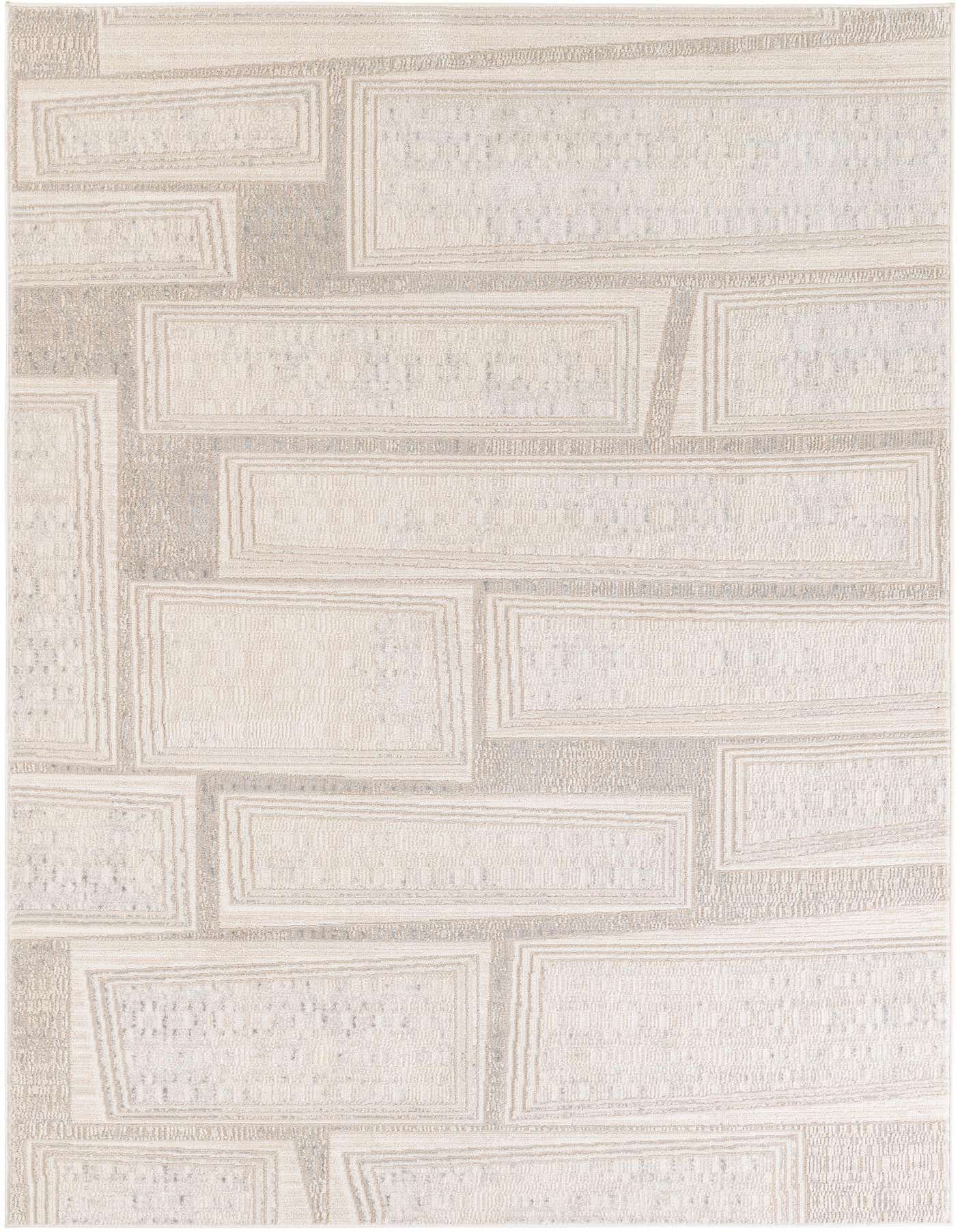 A 5x7 rectangular ivory modern area rug with an abstract pattern of overlapping rectangular shapes in varying textures.