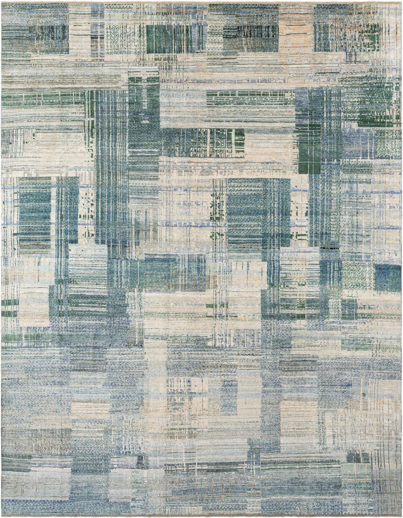 A rectangular handmade Silk Oushak rug featuring an abstract Persian pattern in shades of ivory, cream, and subtle blues and greens.