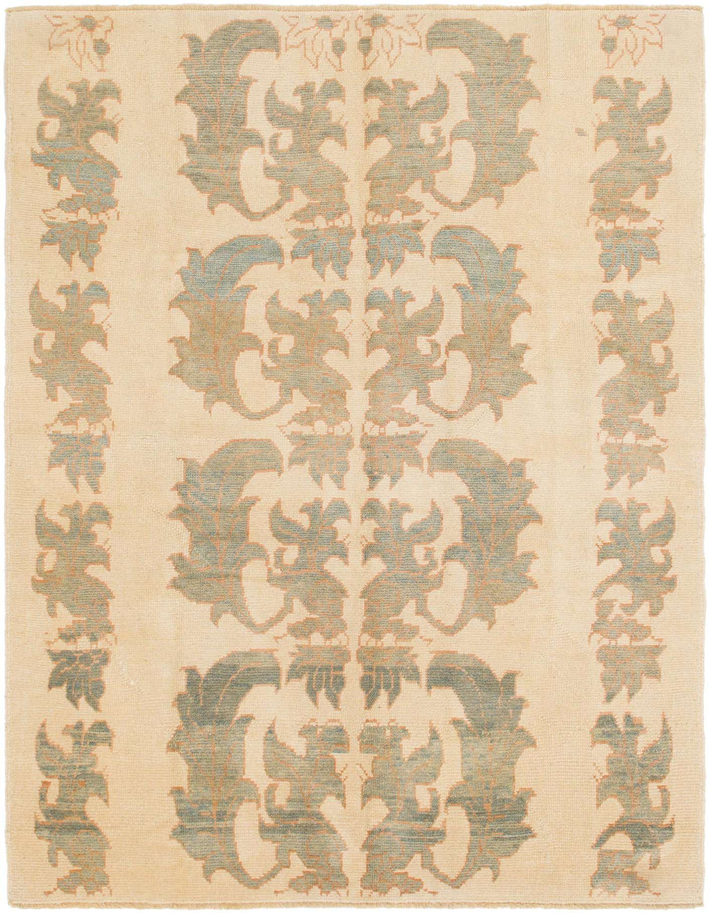 A 7x10 rectangular ivory wool Oushak rug with a traditional tribal abstract pattern in muted blue-green and subtle orange accents.