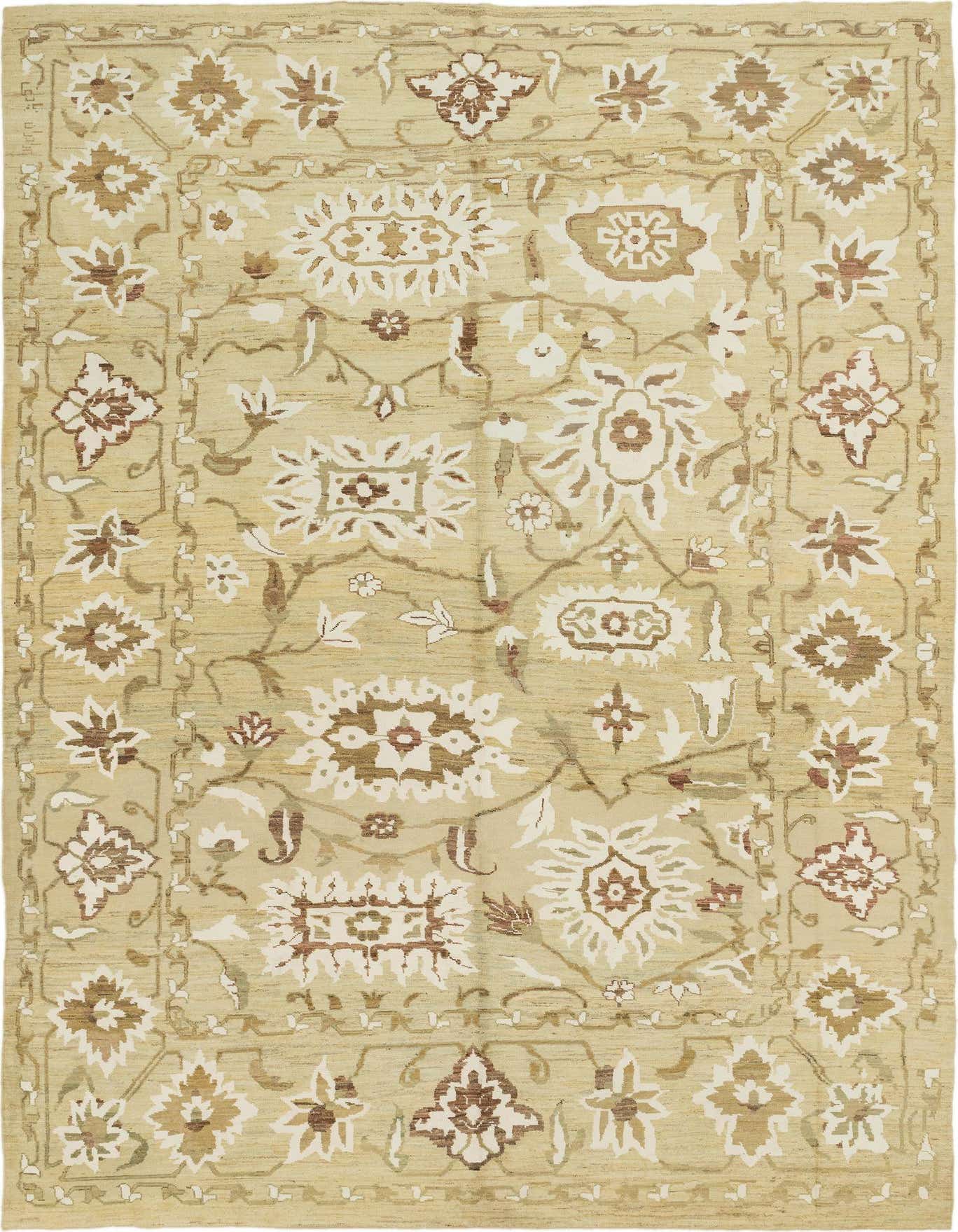 A rectangular Oushak Palace Rug in ivory and cream with traditional floral and botanical patterns, made from wool and silk.
