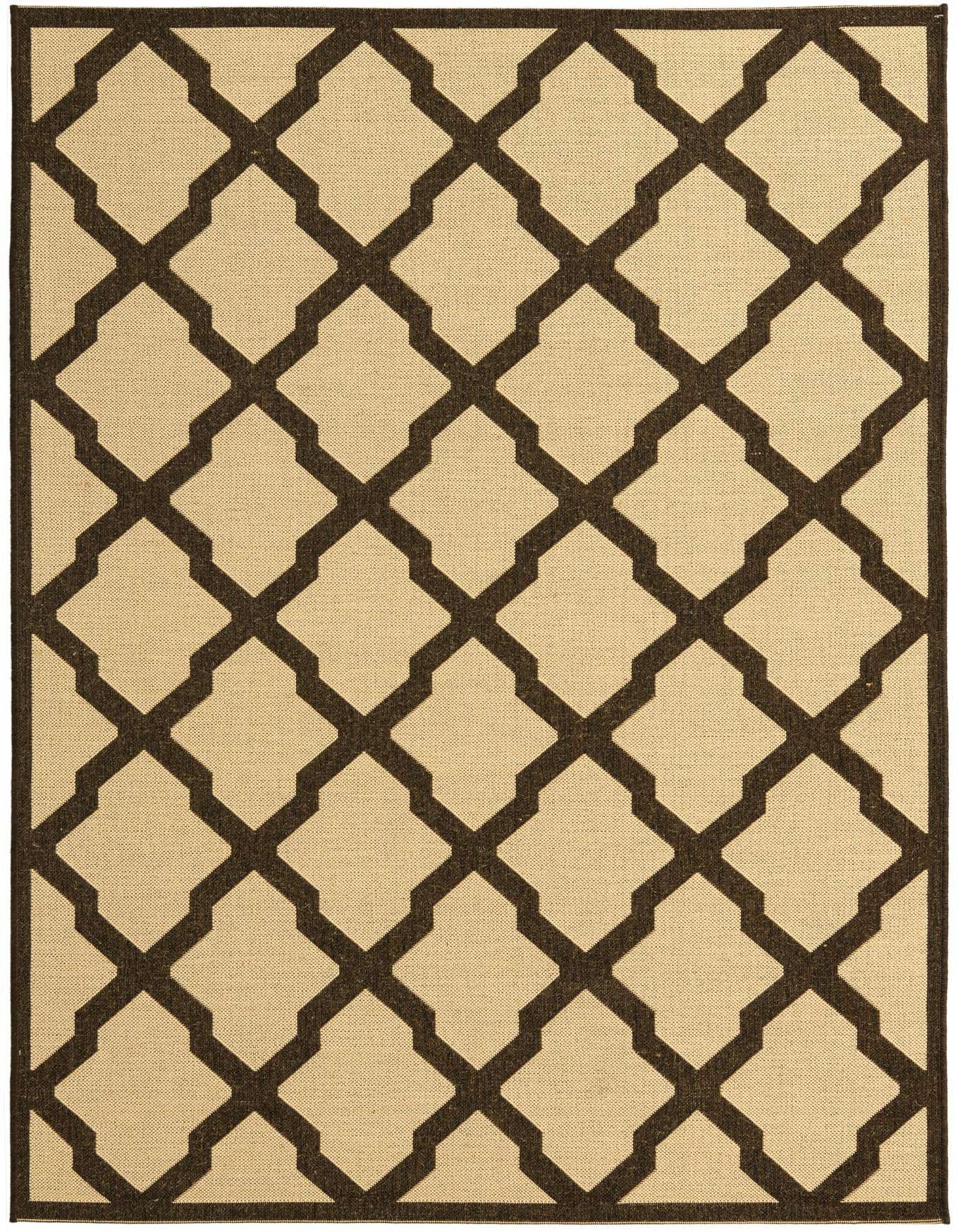 A 5x8 rectangular indoor/outdoor rug featuring a modern ivory and dark brown lattice pattern.