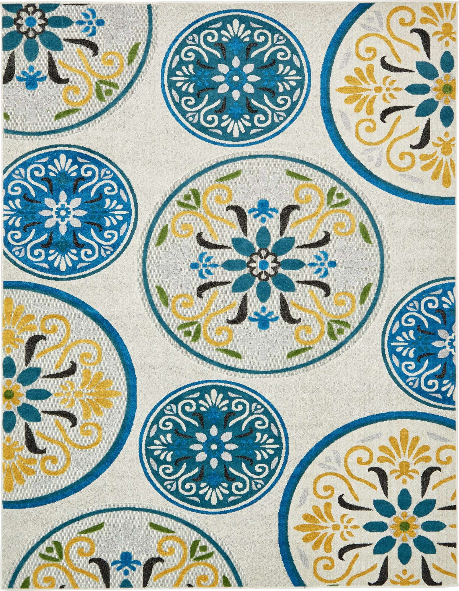 A 7x10 rectangular ivory indoor/outdoor rug with large blue, yellow, and teal medallion patterns.