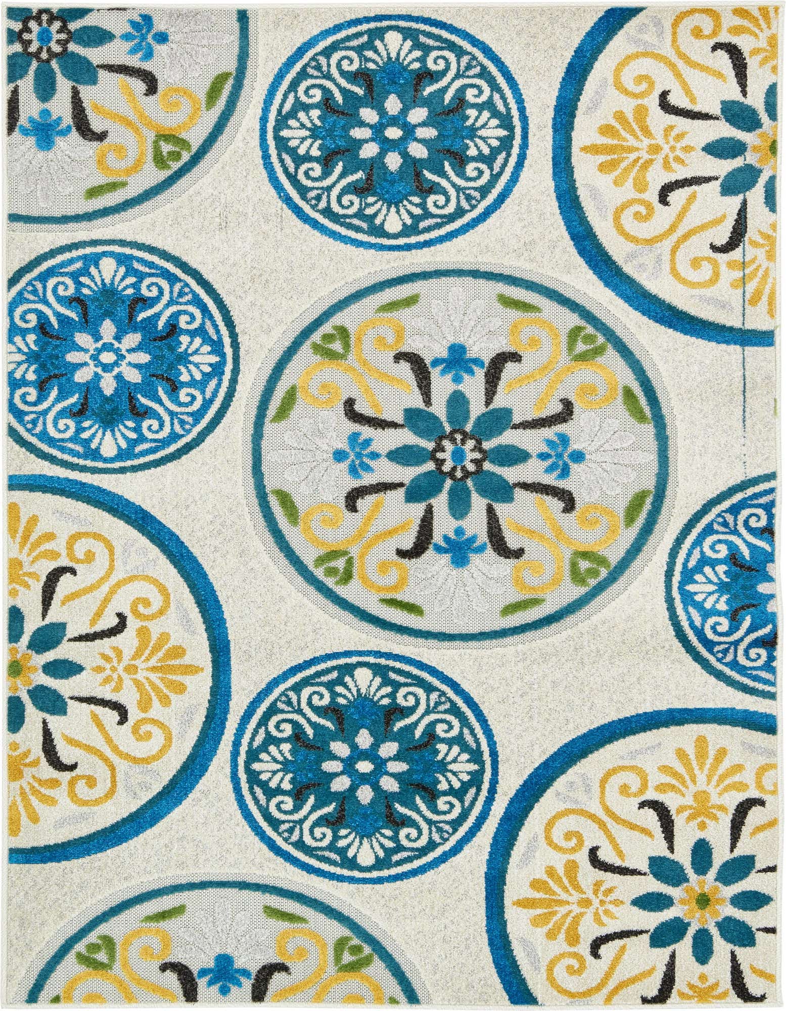 A 4x6 rectangular ivory indoor/outdoor rug with large blue, yellow, and teal medallion patterns.