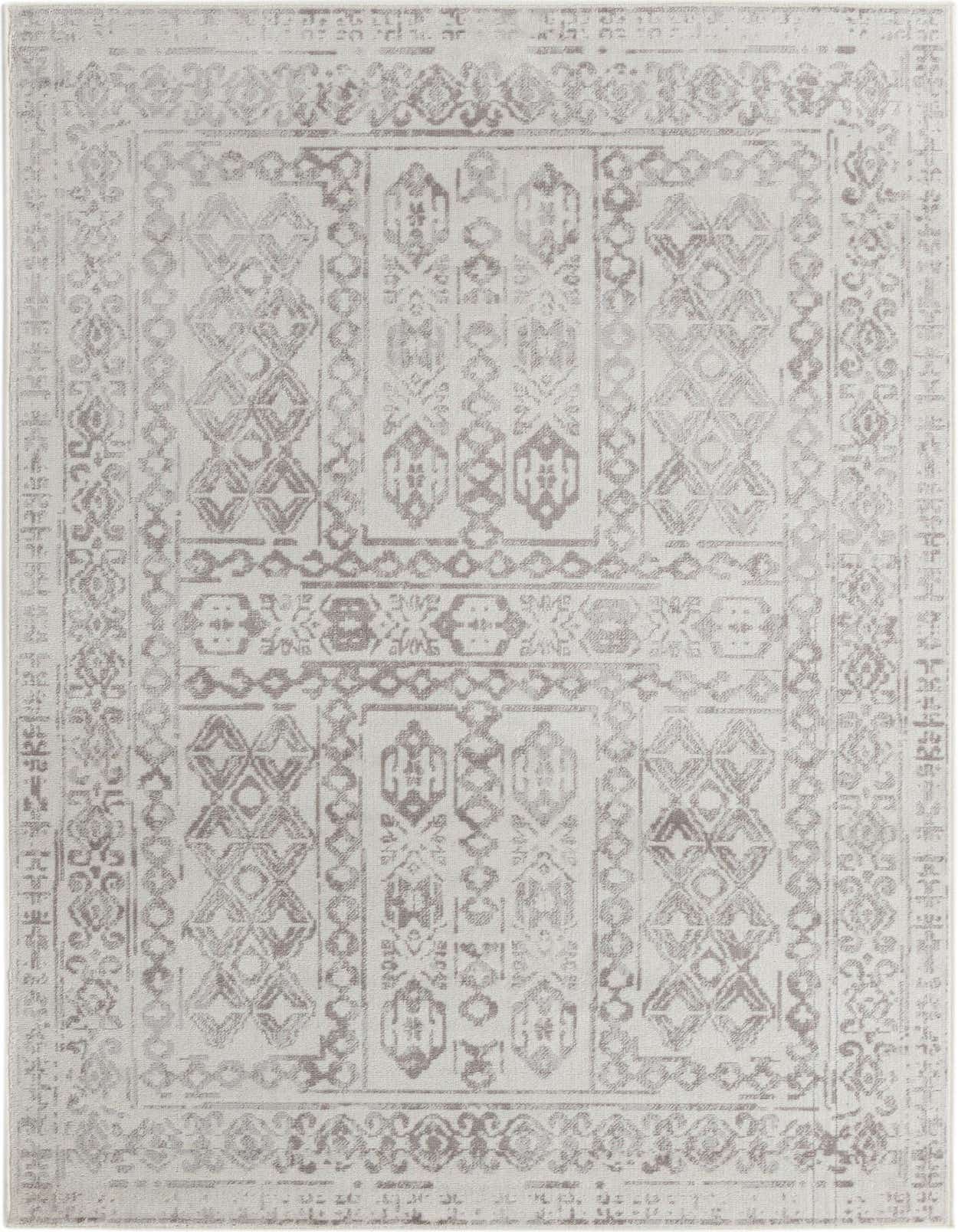 A rectangular 5x8 Rugs.com Oxford rug featuring a distressed ivory and cream Bohemian pattern with tribal and traditional motifs.