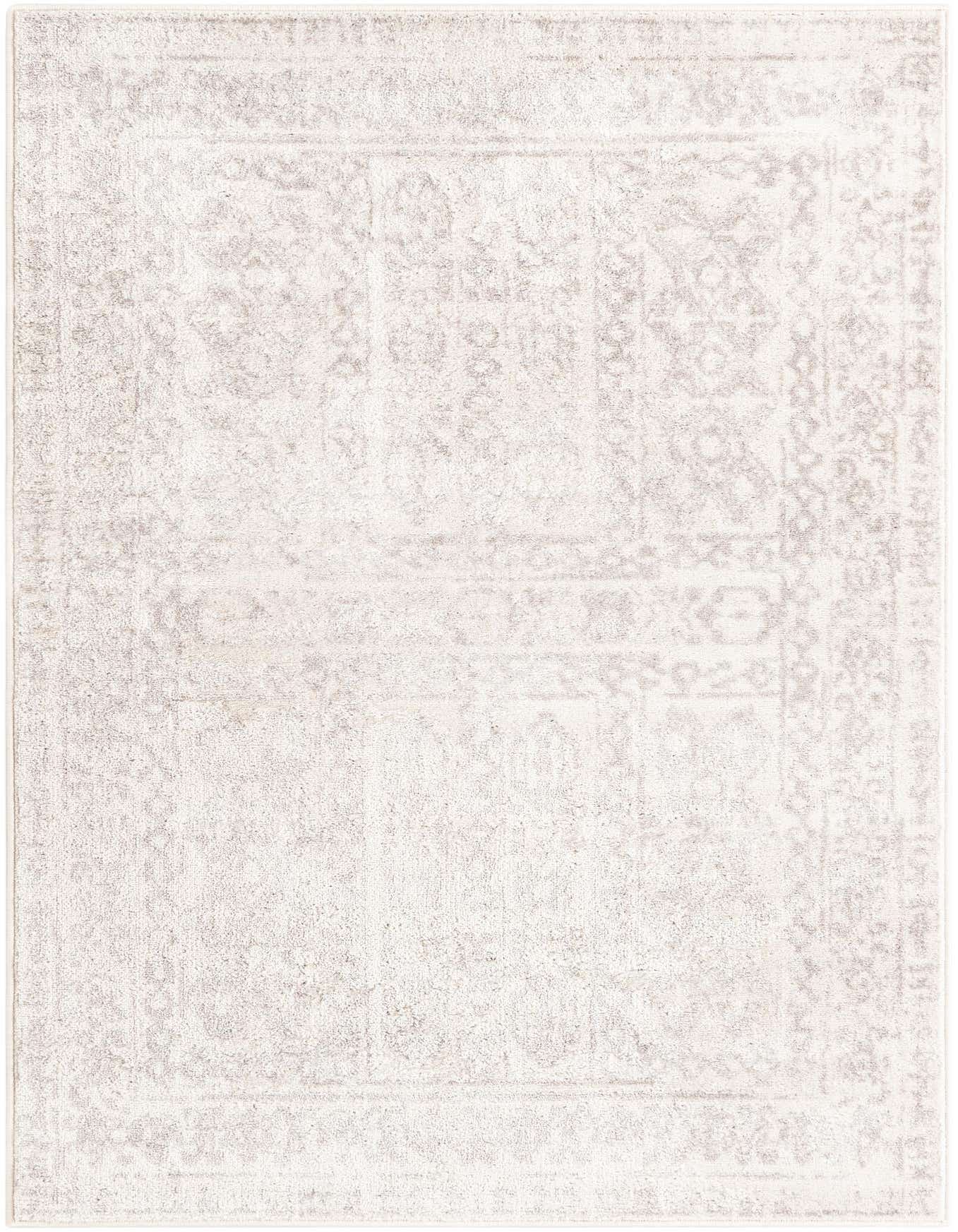 A 4x6 rectangular ivory and cream area rug with a subtle, distressed bohemian and traditional pattern, suitable for various indoor rooms.