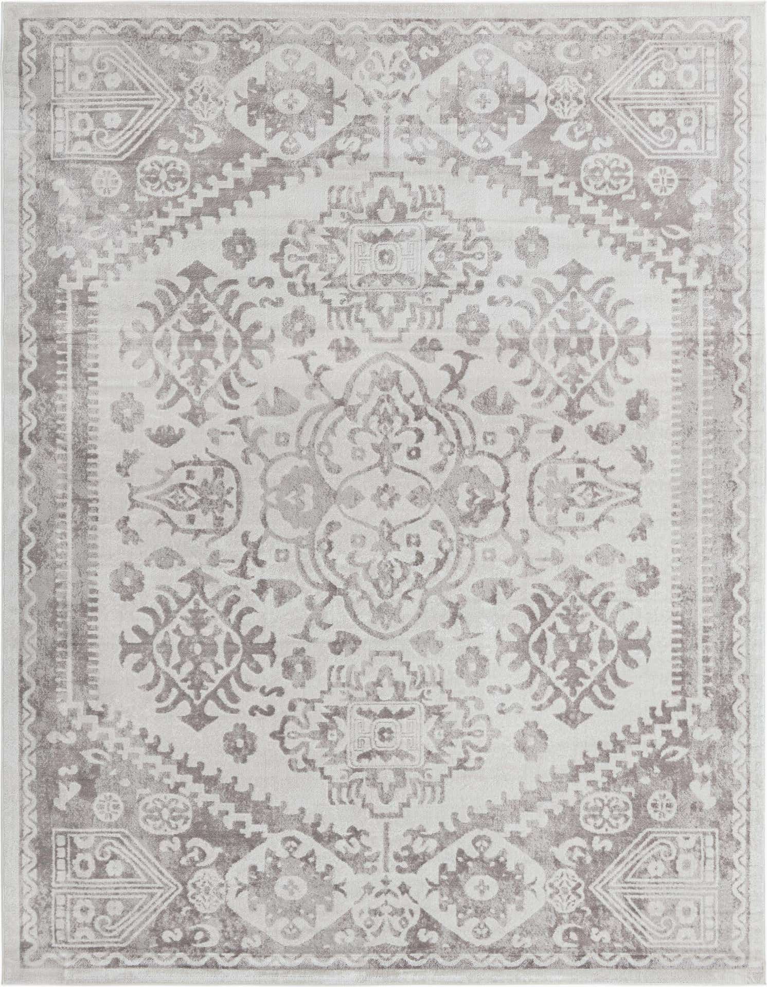 A 10x13 rectangular ivory and cream rug with a distressed medallion and bohemian pattern, suitable for a living room.