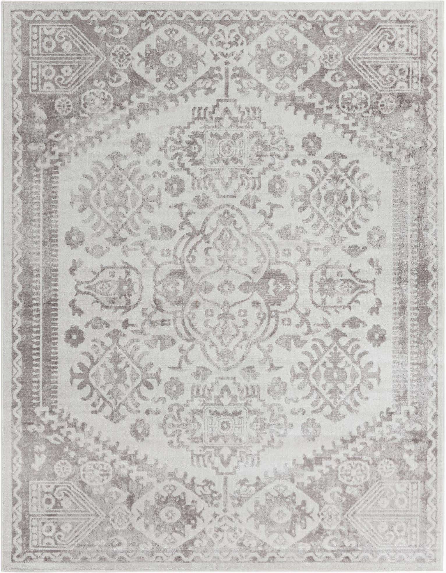An 8x10 rectangular ivory and cream Bohemian rug with a distressed medallion pattern, suitable for a living room.