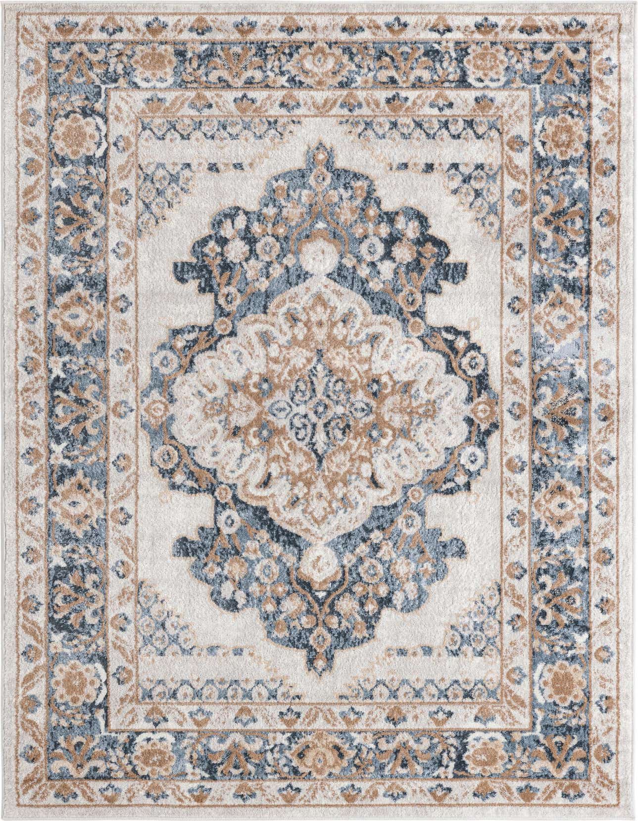 A 5x8 rectangular ivory area rug with a traditional medallion pattern in blue and tan, suitable for a living room.