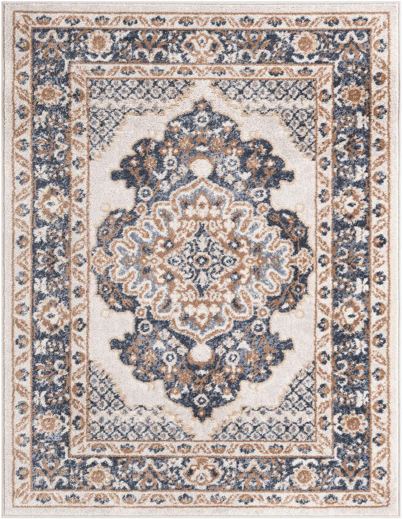 A 4x6 rectangular ivory rug with a traditional medallion pattern in navy blue and brown, ideal for a living room.