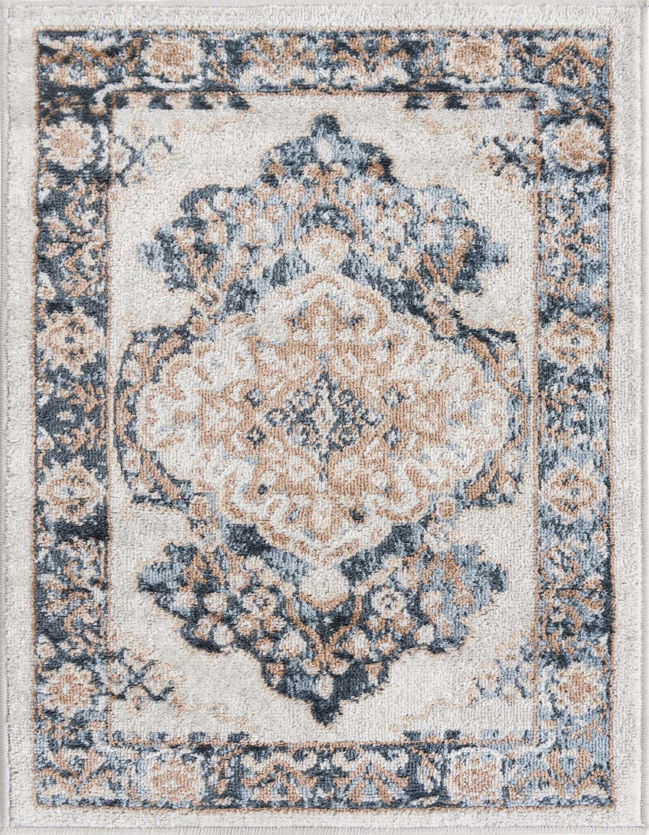 A 2x3 rectangular Oxford rug featuring a traditional medallion pattern in ivories, creams, light blue, and tan.