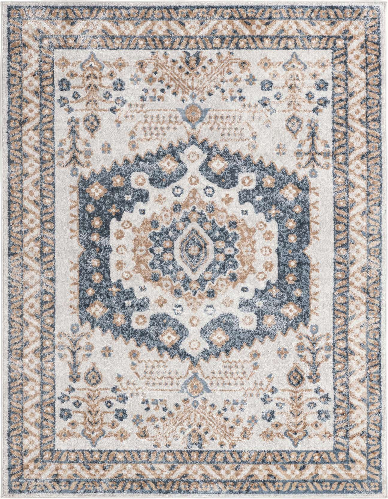 A 5x8 rectangular ivory rug with a distressed blue medallion and tan bohemian patterns, ideal for a living room.