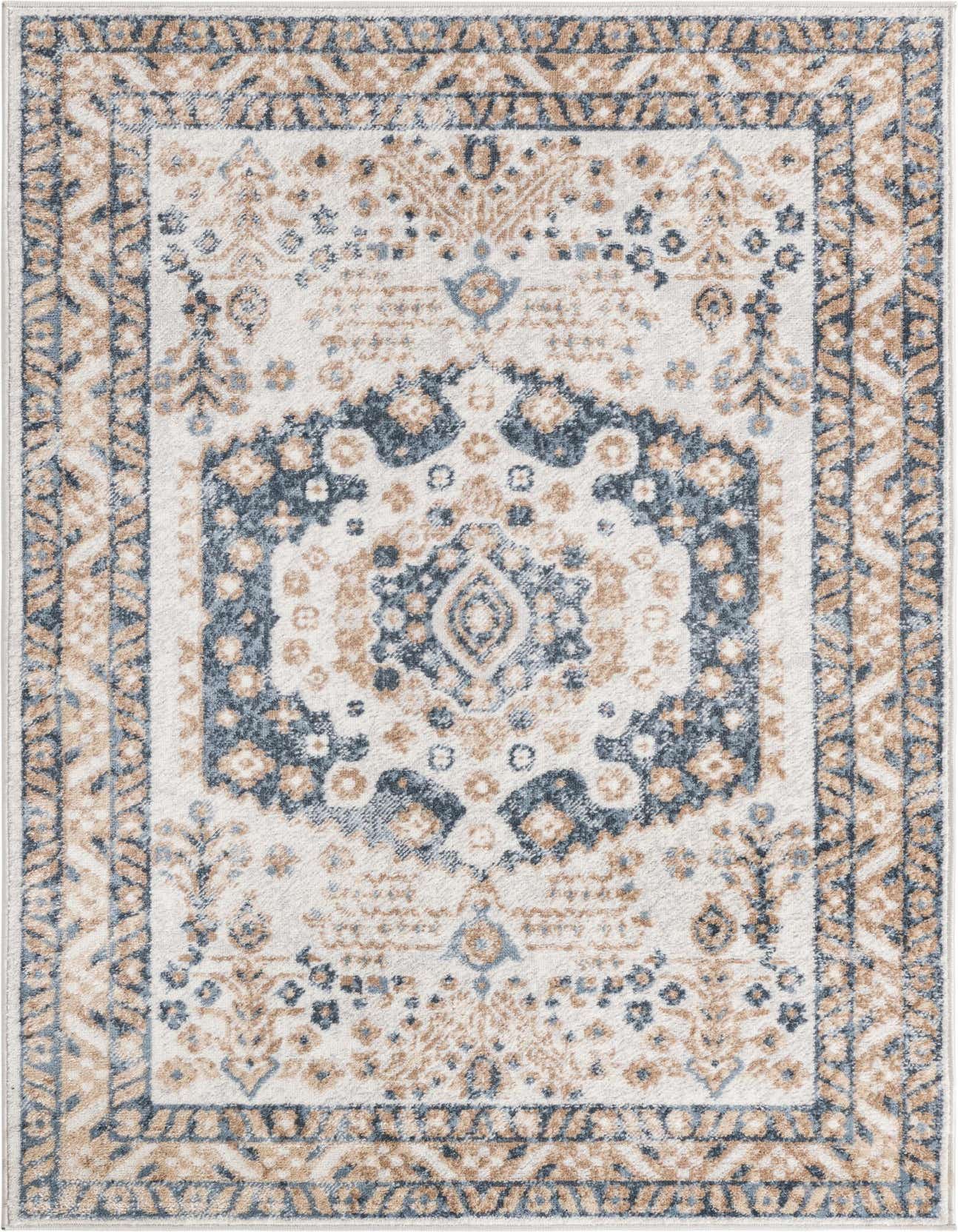 A 4x6 rectangular ivory rug with a blue and tan medallion and floral bohemian pattern, suitable for a living room.