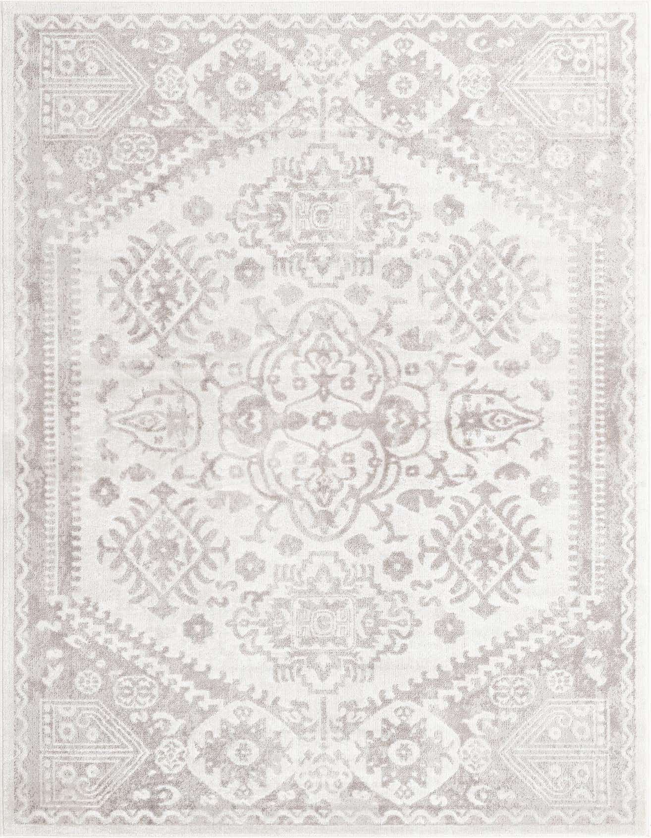 A 7x10 rectangular ivory and cream rug with a faded traditional medallion and border pattern, suitable for a living room.