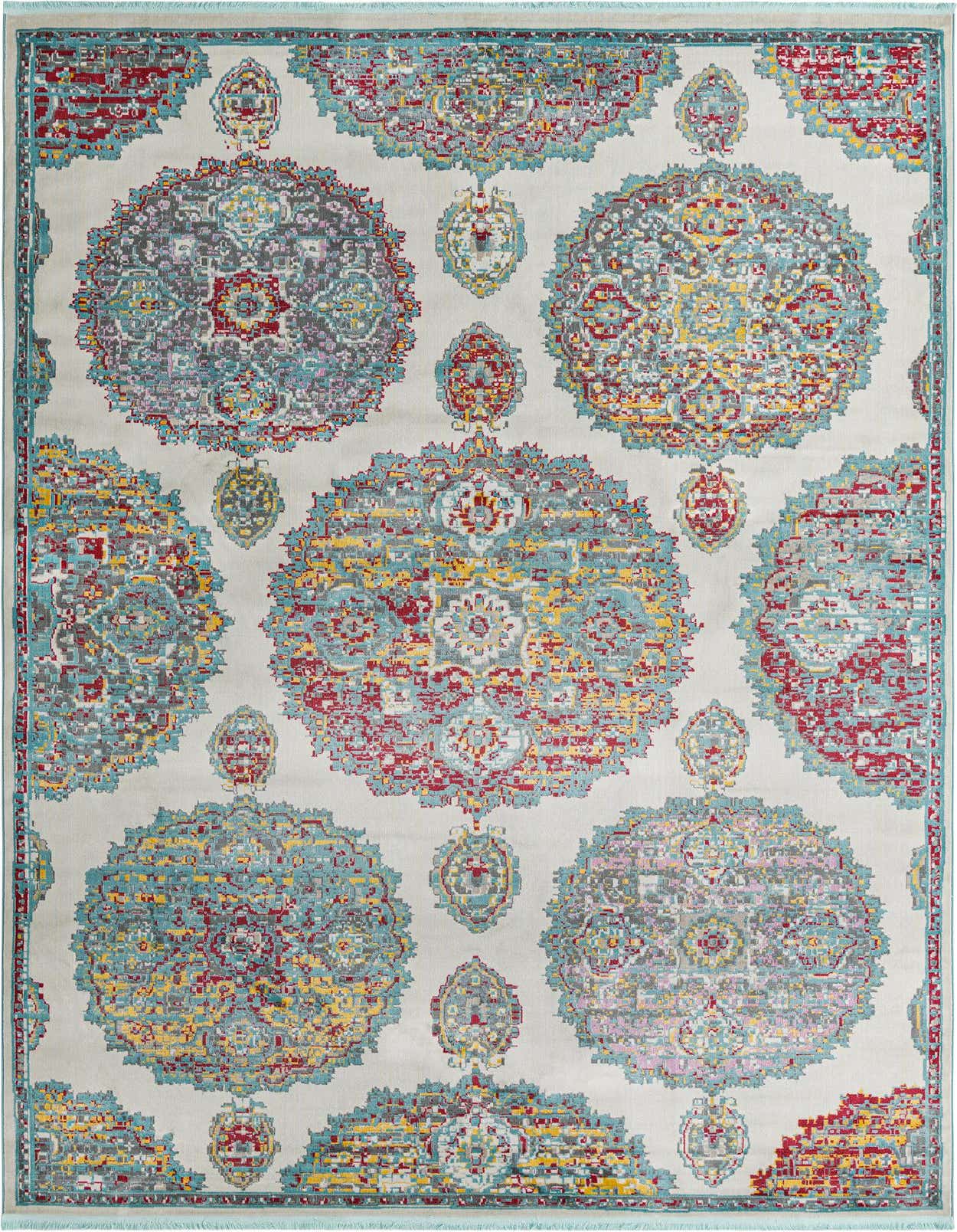 A 6x9 rectangular ivory area rug with a modern bohemian floral pattern in shades of teal, red, yellow, and gray.