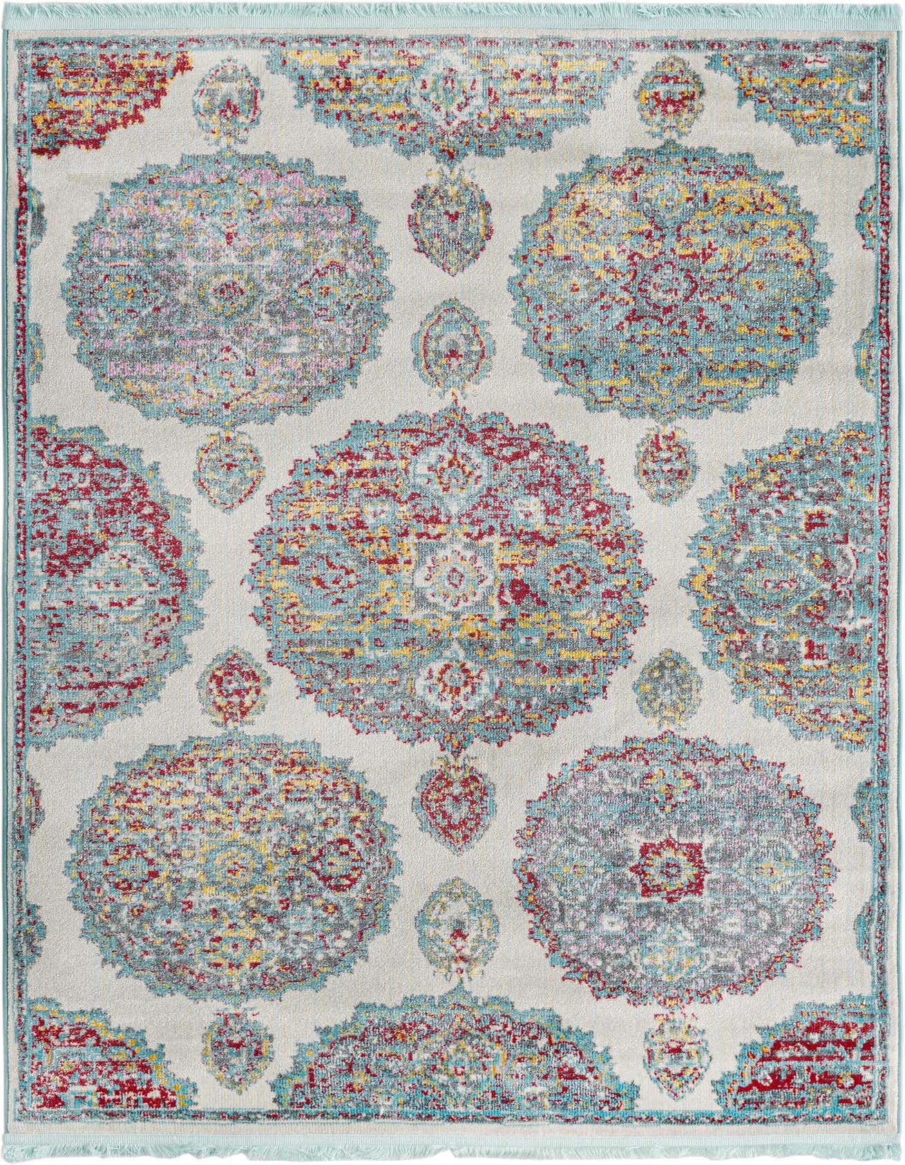 A 4x6 rectangular ivory rug with a distressed Bohemian floral pattern in teal, red, yellow, and pink, suitable for a living room.