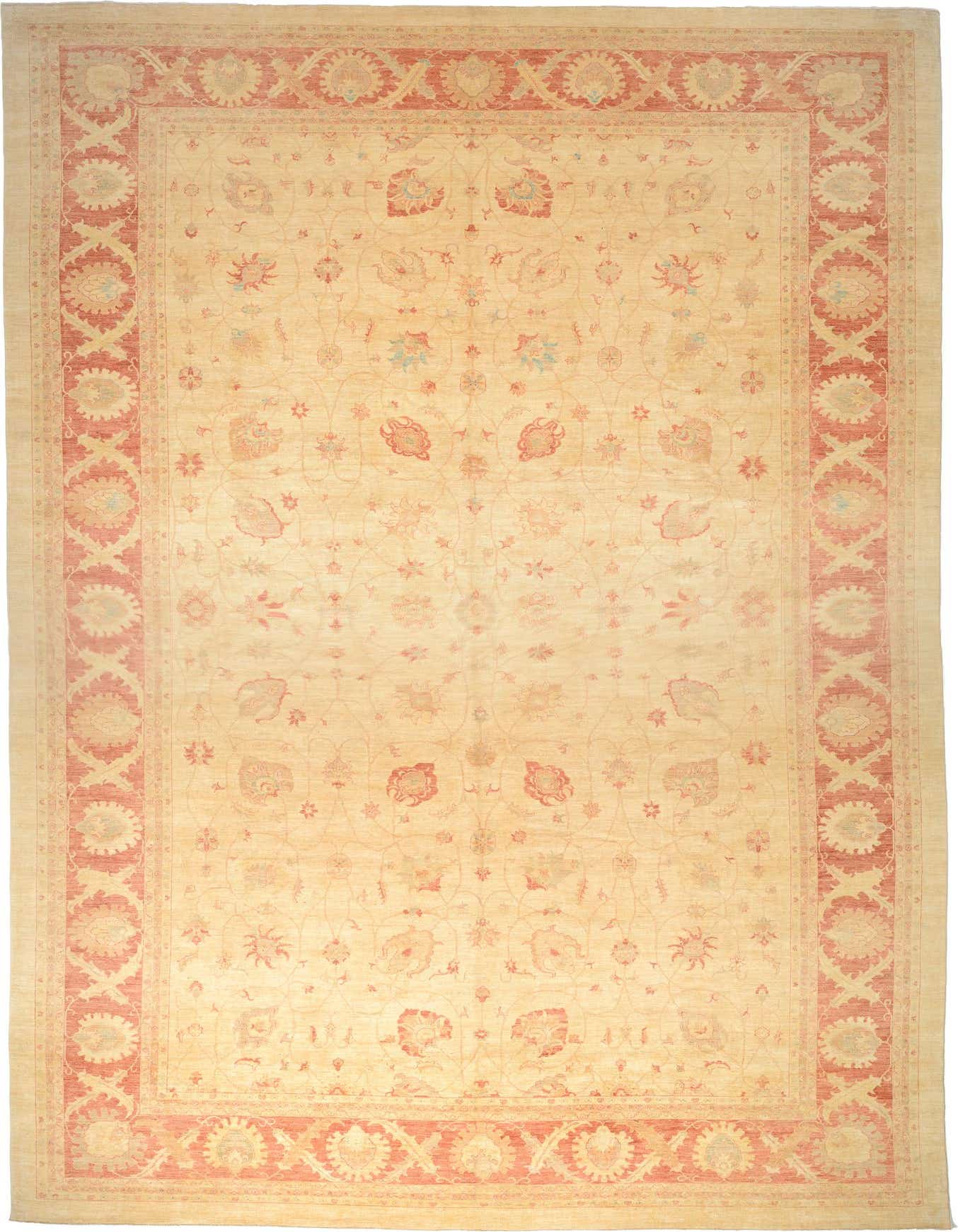 A large 13x18 rectangular ivory Peshawar Ziegler rug with a traditional botanical and floral pattern and a red tribal border.
