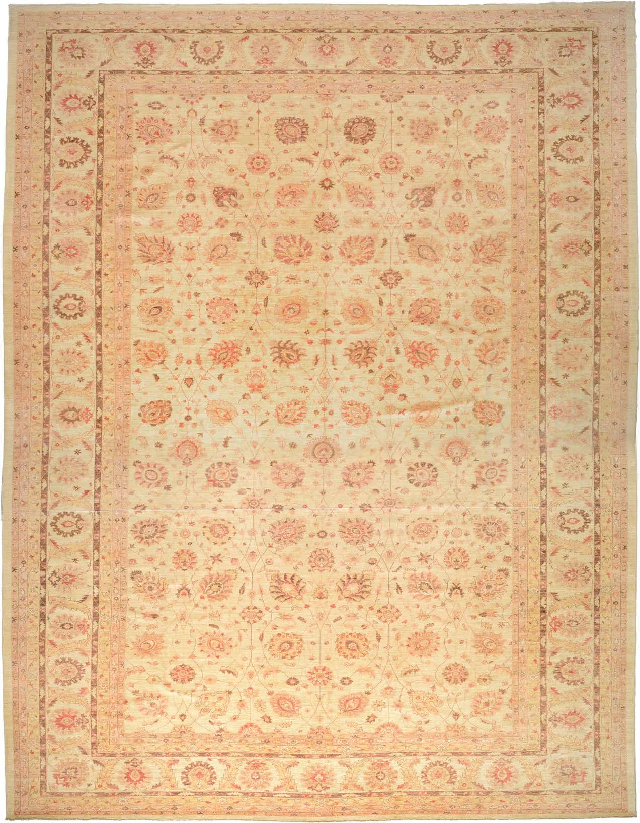A large 13x18 rectangular ivory Peshawar Ziegler rug with a traditional botanical and floral pattern in soft coral and brown tones.