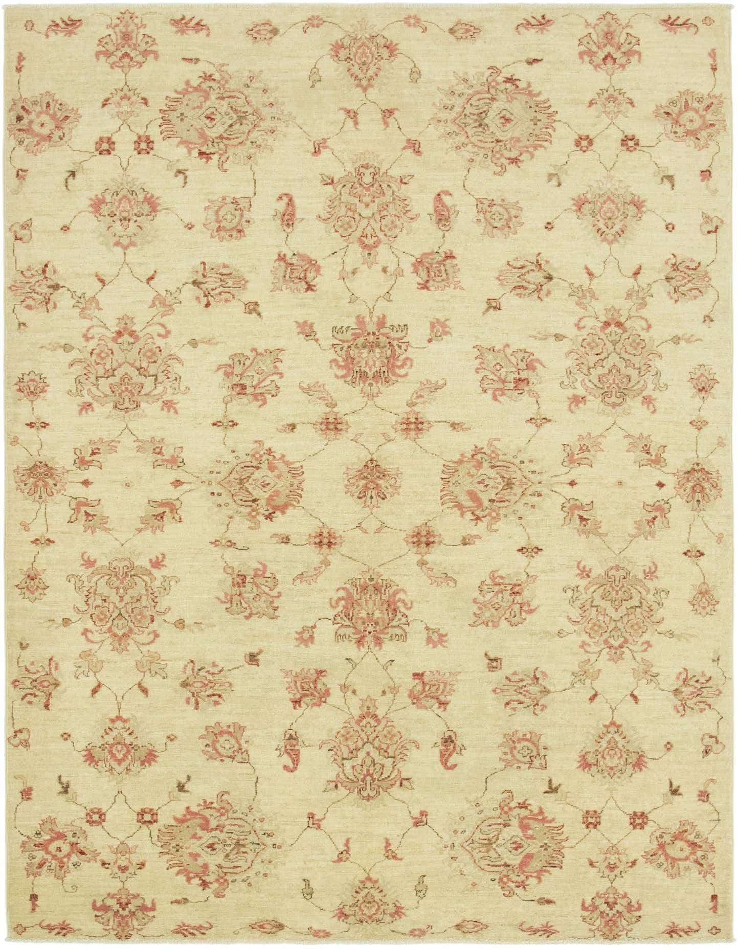 A 6x9 rectangular ivory wool rug with a traditional botanical and floral pattern in shades of muted red and cream.