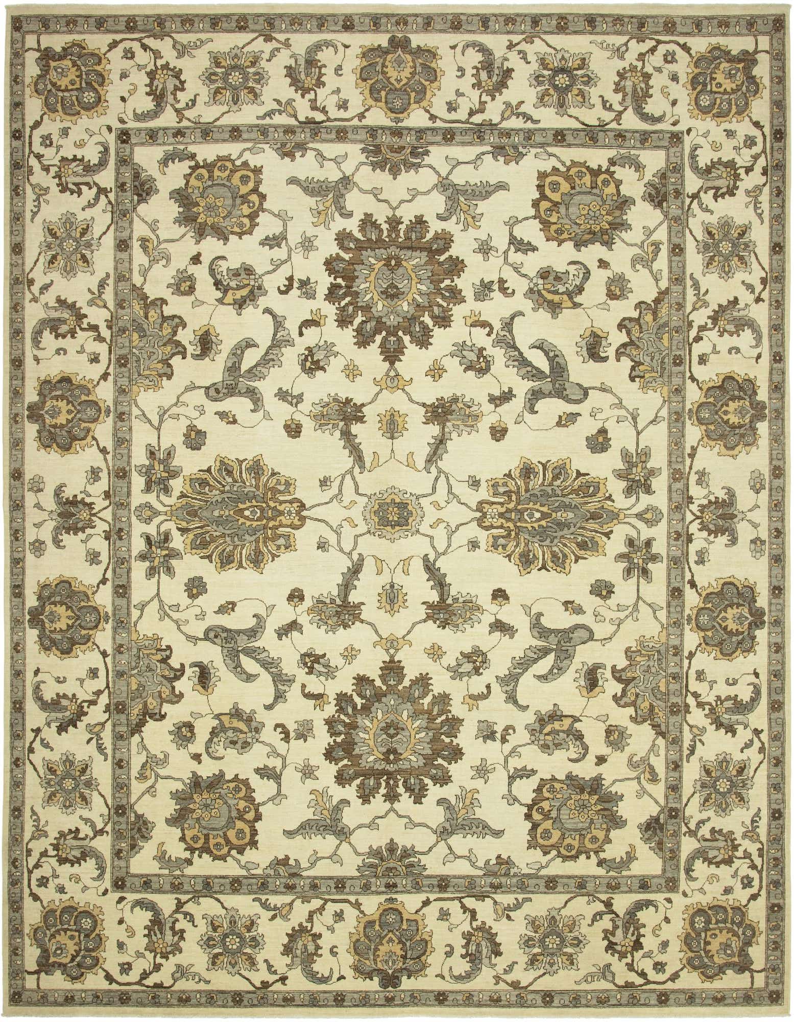 A 12x15 rectangular ivory and cream wool rug with a traditional botanical and floral pattern, featuring brown and grey accents.