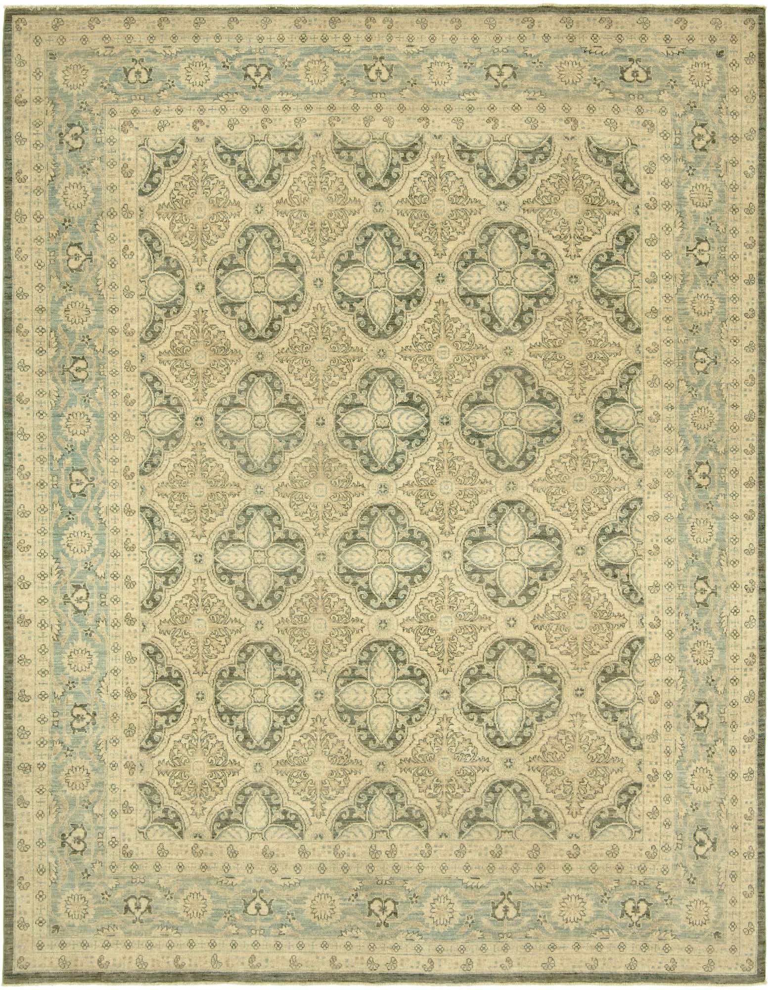 A 9x12 rectangular ivory and cream Oriental rug with a detailed floral medallion pattern and a light blue border.