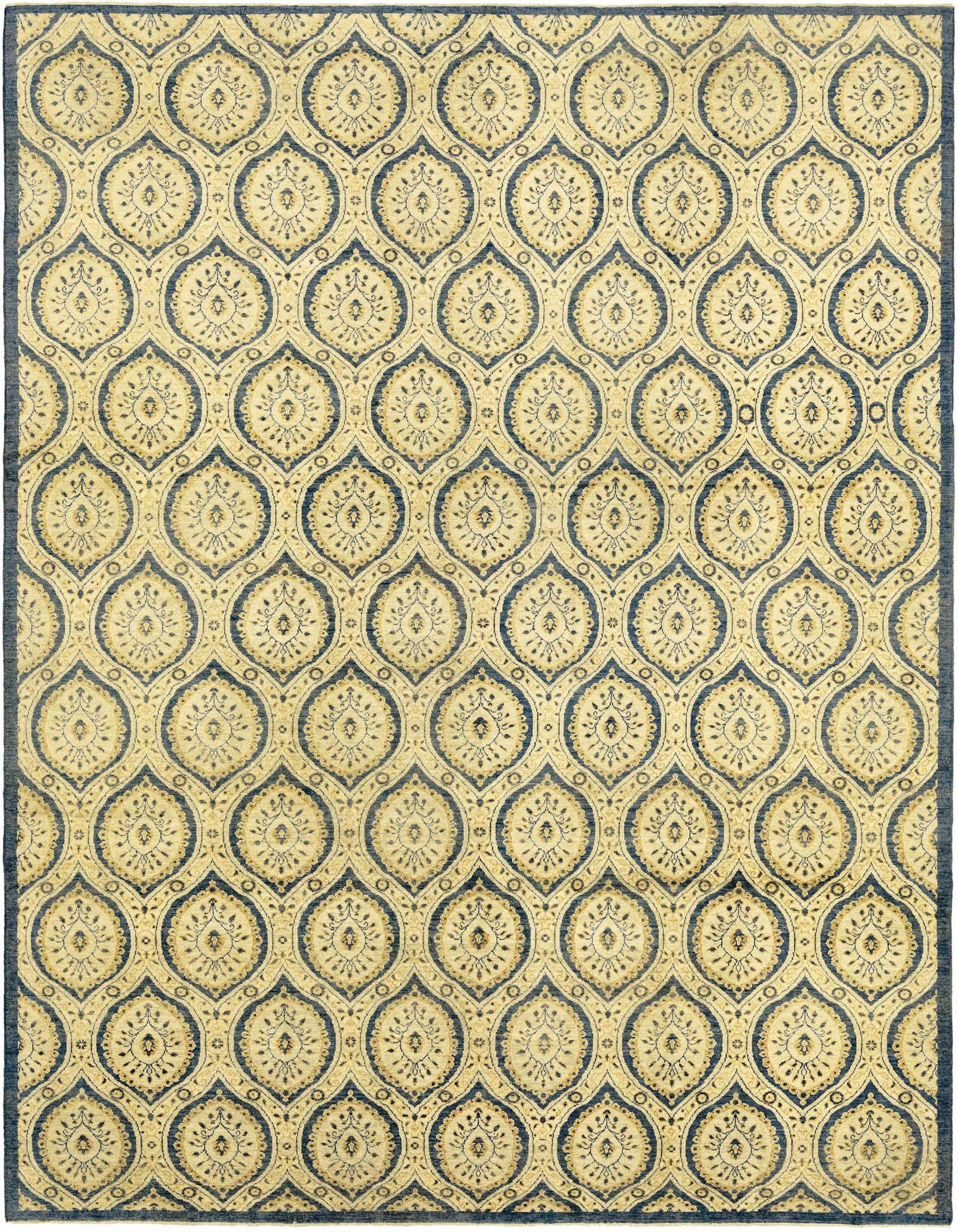 A 9x12 rectangular Peshawar Ziegler rug in ivory and dark blue with an ornate traditional pattern.