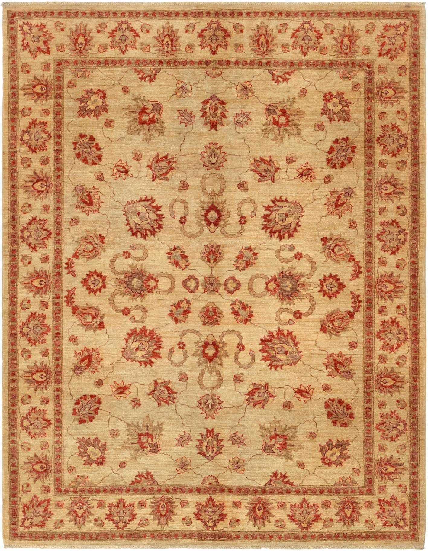 A 6x9 rectangular ivory and red traditional rug with an intricate botanical and floral pattern, ideal for a living room.