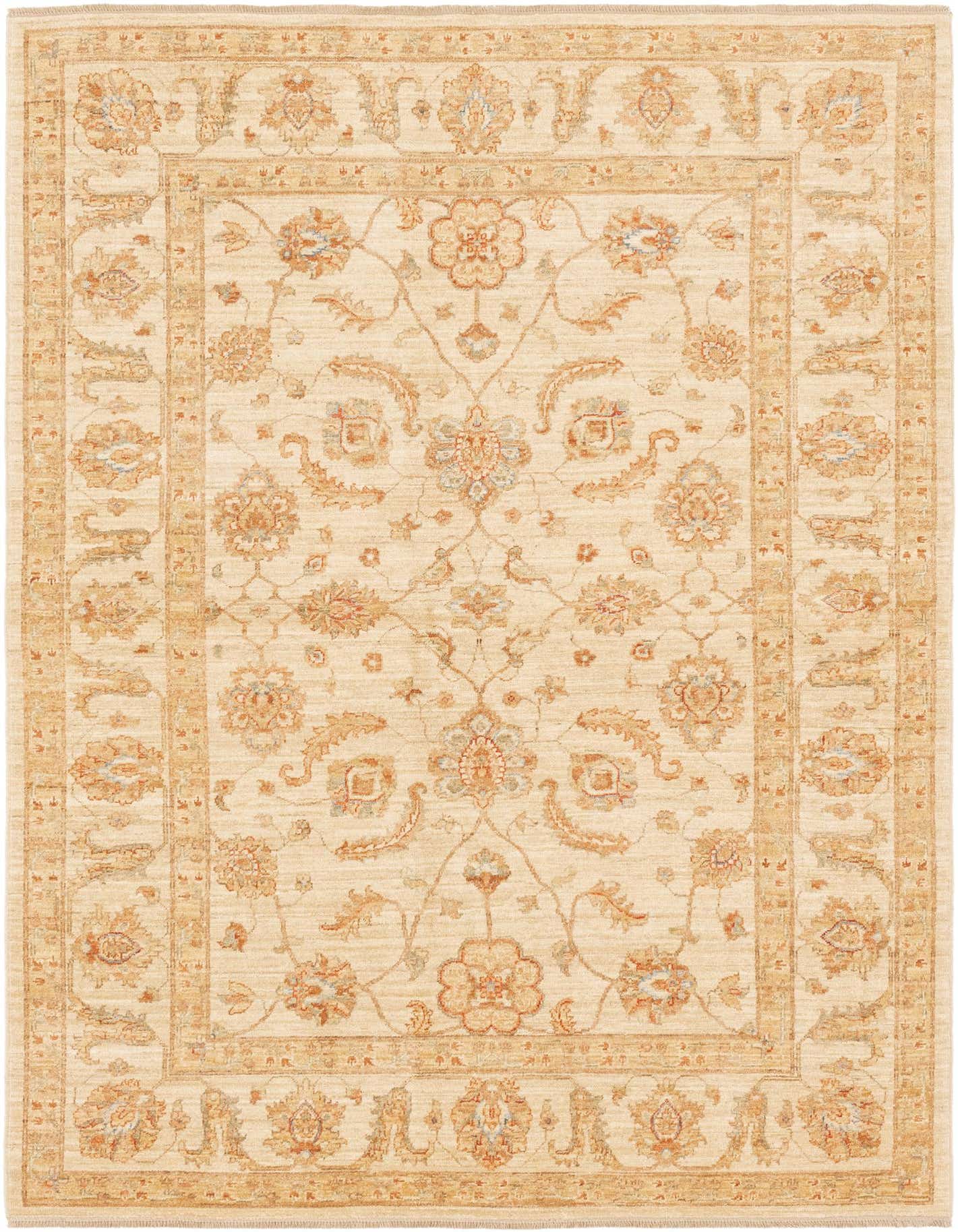 A 6x9 rectangular ivory and cream wool rug with a traditional botanical pattern and floral border.