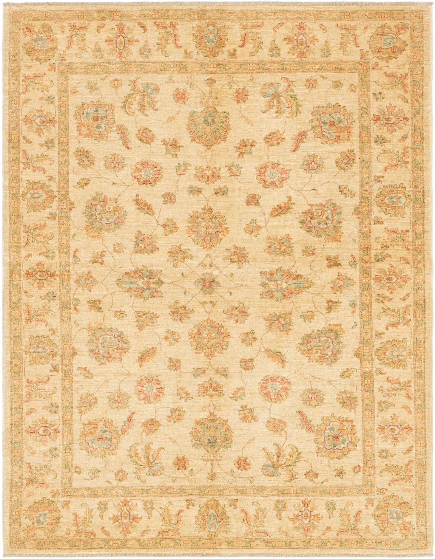 A 6x9 rectangular ivory traditional rug with a botanical and floral pattern in muted reds, greens, and blues.