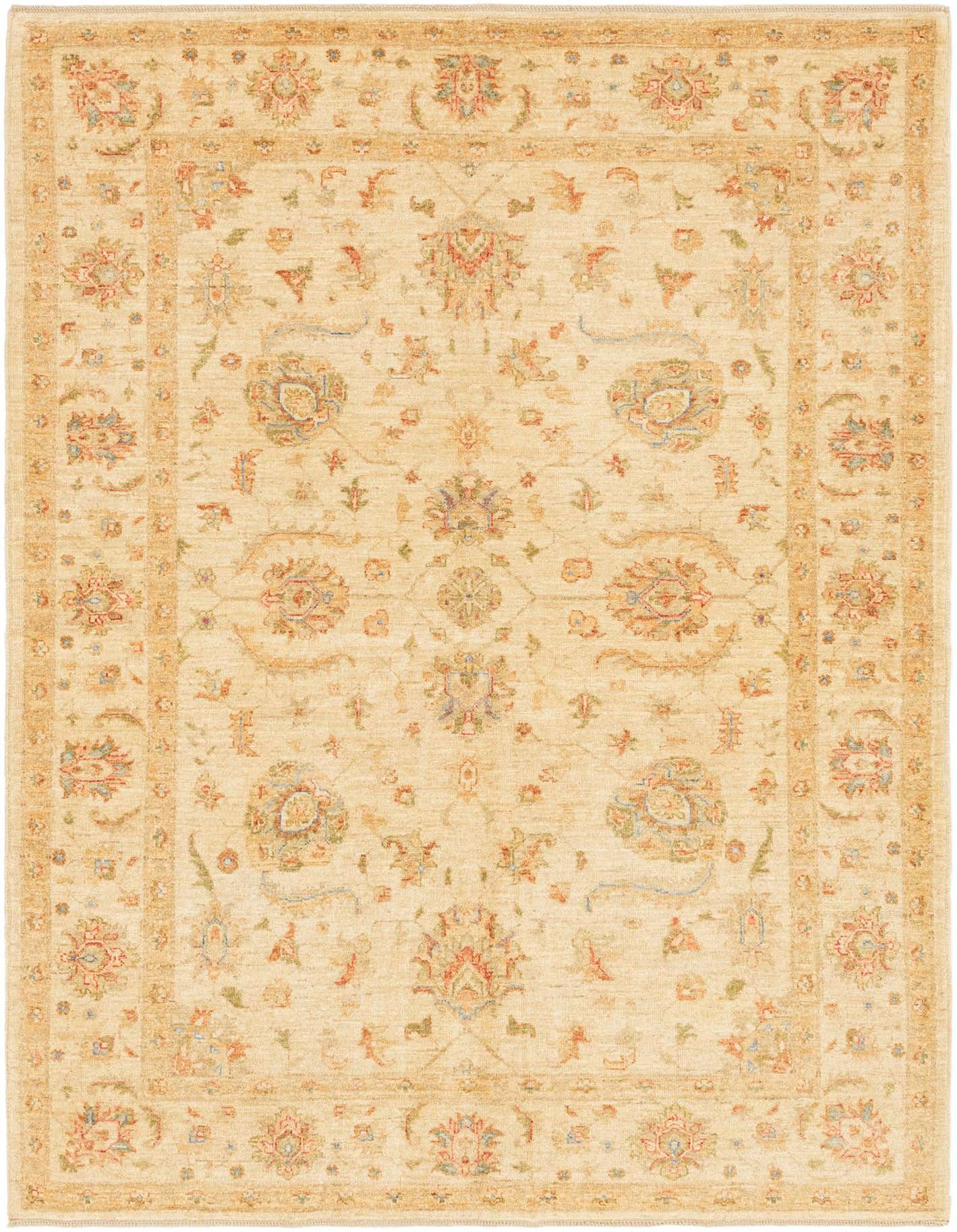 A 6x9 rectangular ivory and cream wool rug with a traditional botanical floral pattern and a detailed border.