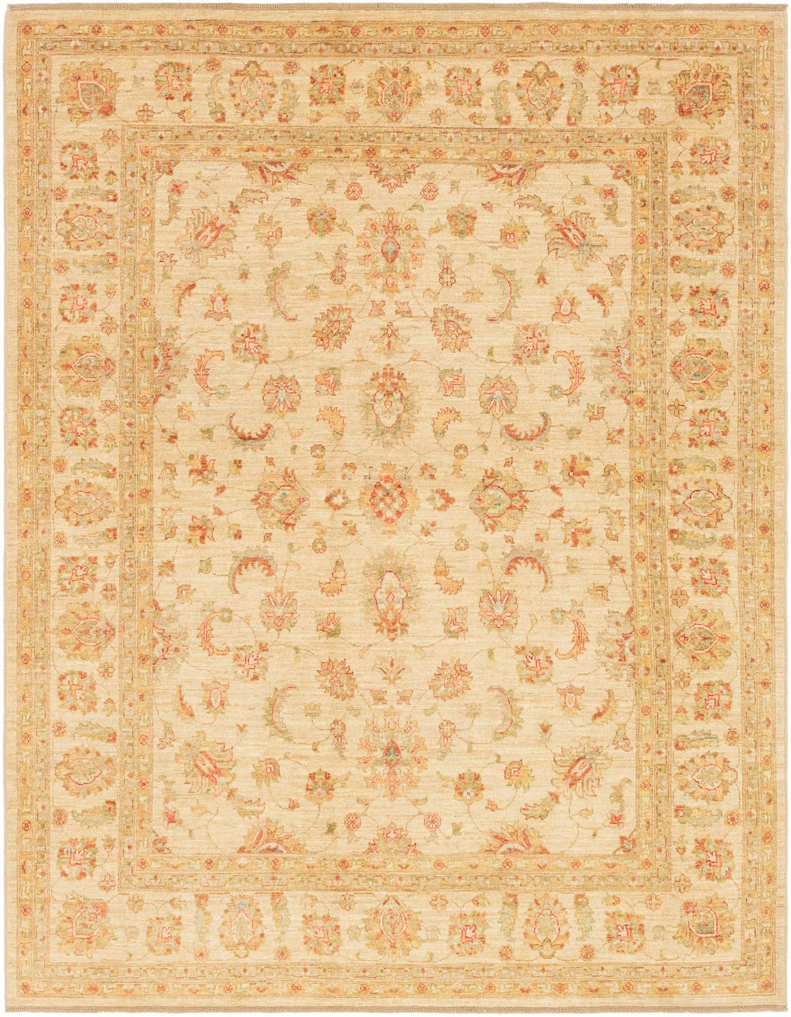 A 6x9 rectangular ivory wool rug with a detailed botanical and floral oriental pattern, featuring subtle red and green accents.