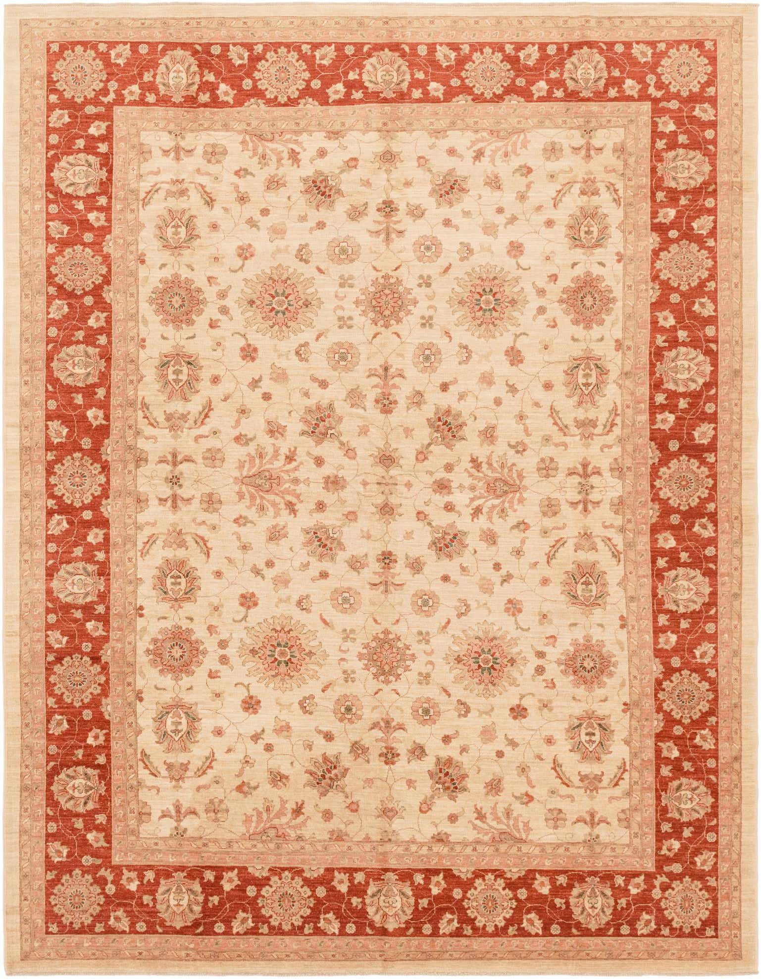 A 10x13 rectangular ivory and red traditional Peshawar Ziegler rug with a detailed botanical floral pattern.