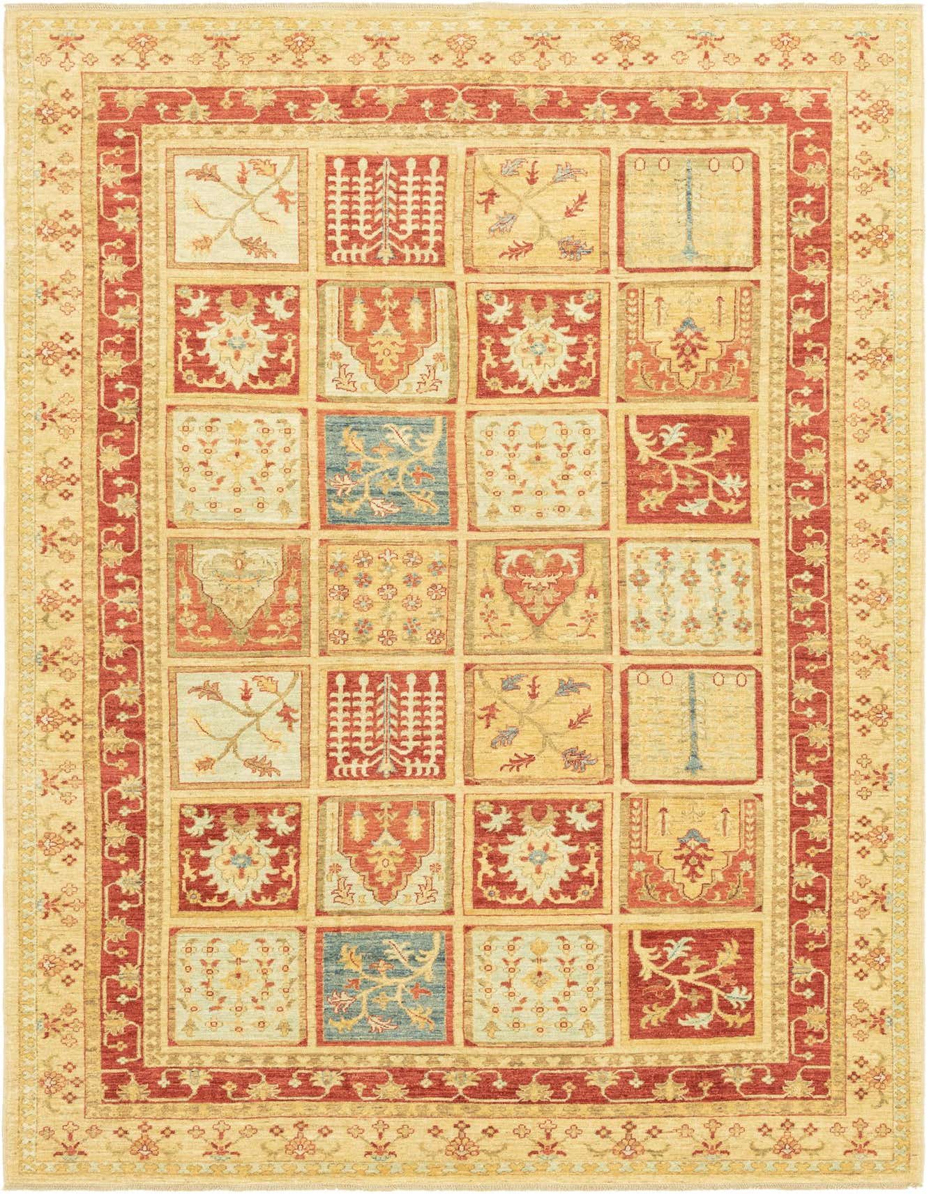 A 7x10 rectangular Peshawar Ziegler rug featuring a traditional grid pattern with ivory, cream, red, and blue squares.
